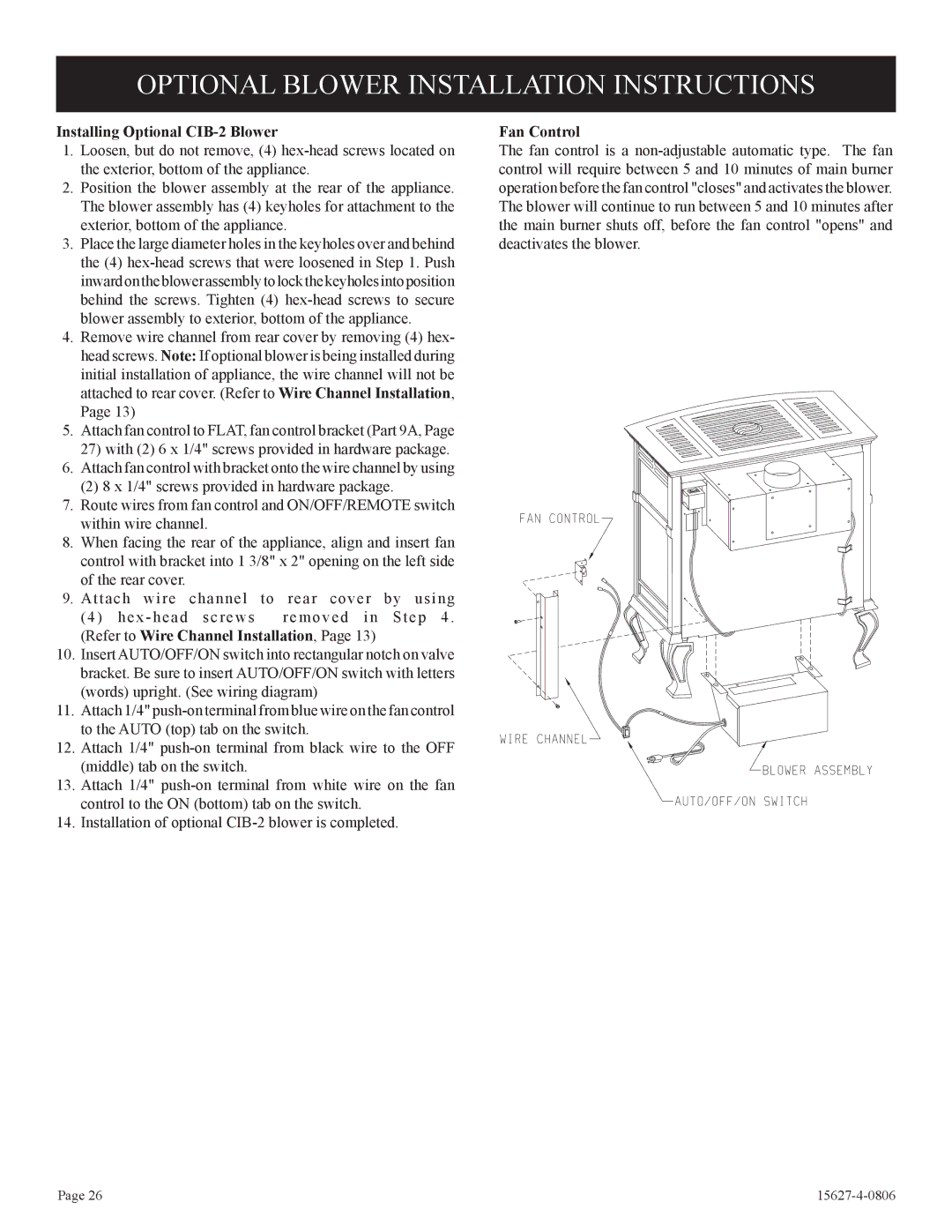 Empire Comfort Systems pmn manual Optional Blower Installation Instructions, Installing Optional CIB-2 Blower, Fan Control 