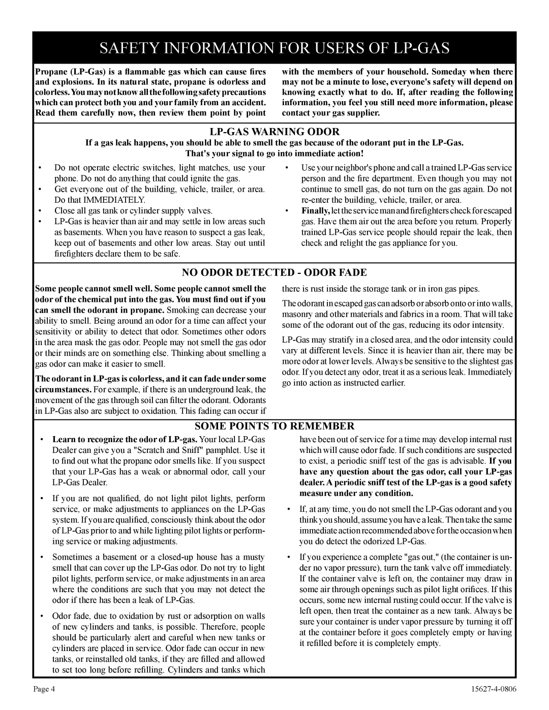 Empire Comfort Systems pmn manual Safety Information for Users of LP-GAS, LP-GAS Warning Odor 