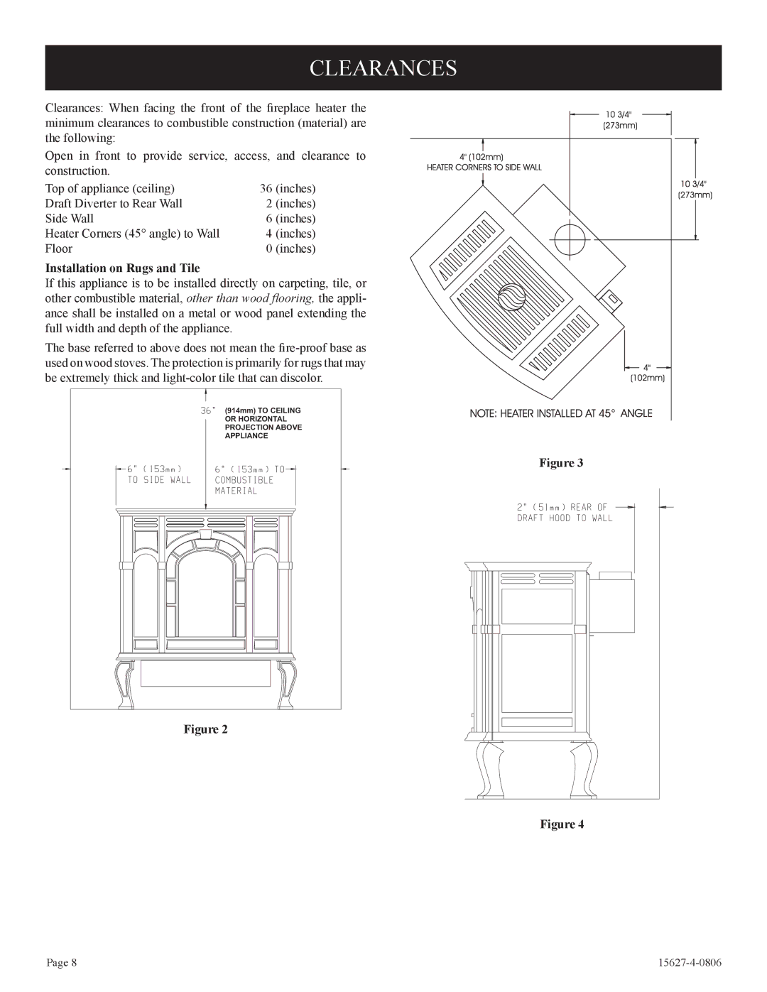 Empire Comfort Systems pmn manual Clearances, Installation on Rugs and Tile 