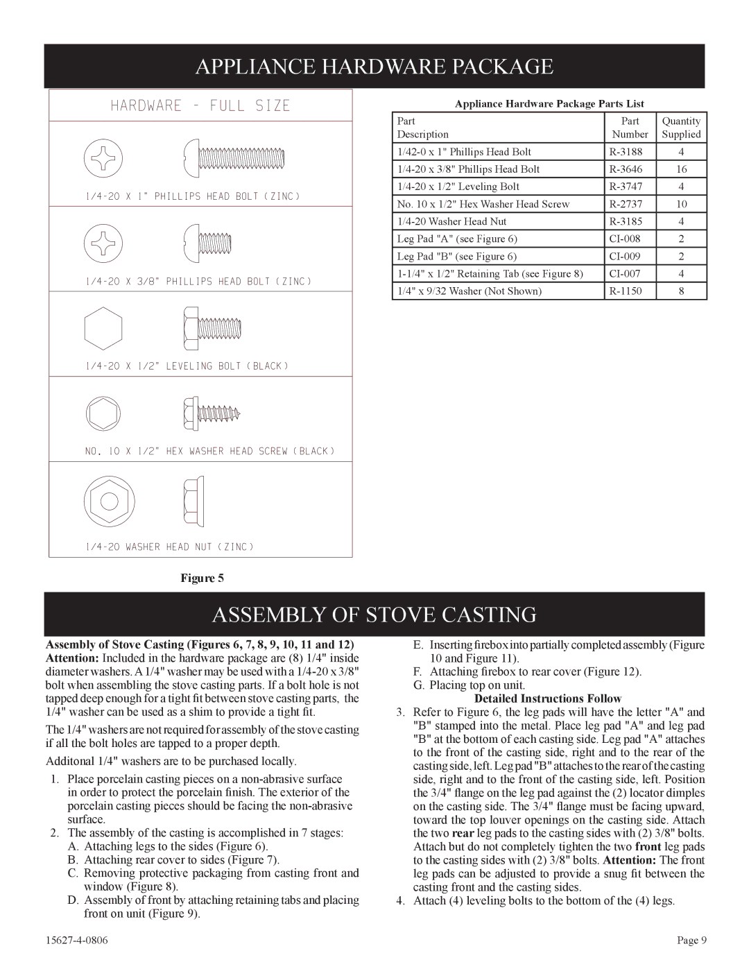 Empire Comfort Systems pmn manual Appliance Hardware Package, Assembly of Stove Casting, Detailed Instructions Follow 