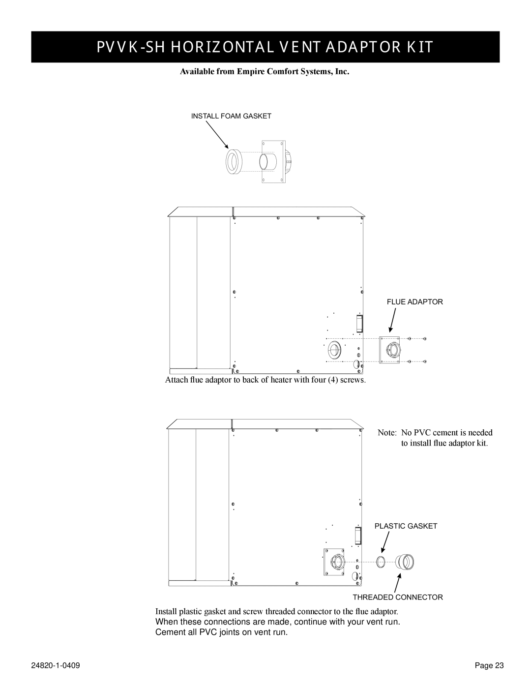 Empire Comfort Systems PV-28SV55-(C,G)(N,P)-1, PV-28SV50-B2H(N,P)-1, PV-28SV50-B(N,P)-1 PVVK-SH Horizontal Vent Adaptor KIT 