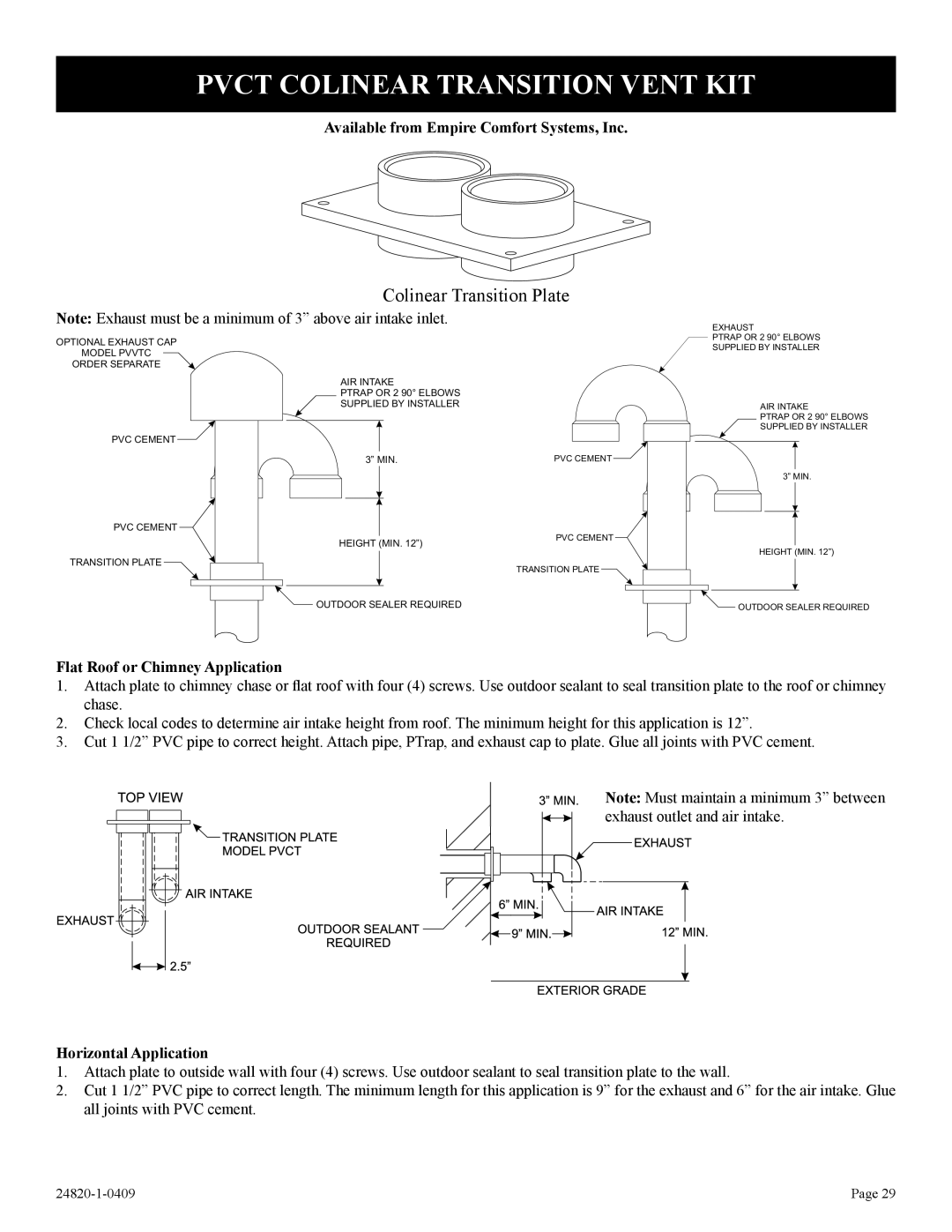 Empire Comfort Systems PV-28SV50-B(N,P)-1 Pvct Colinear Transition Vent KIT, Flat Roof or Chimney Application 