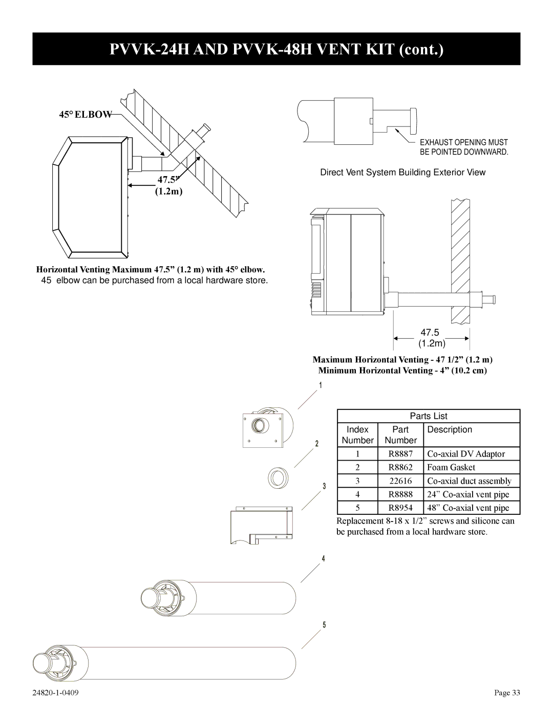 Empire Comfort Systems PV-28SV50-B(N,P)-1, PV-28SV50-B2H(N,P)-1, PV-28SV55-(C,G)2H(N,P)-1 PVVK-24H and PVVK-48H Vent KIT 