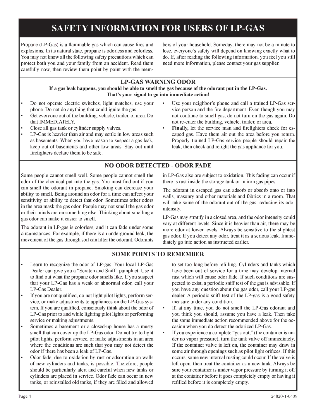 Empire Comfort Systems PV-28SV50-B2H(N,P)-1 Safety Information for Users of LP-GAS, LP-GAS Warning Odor 