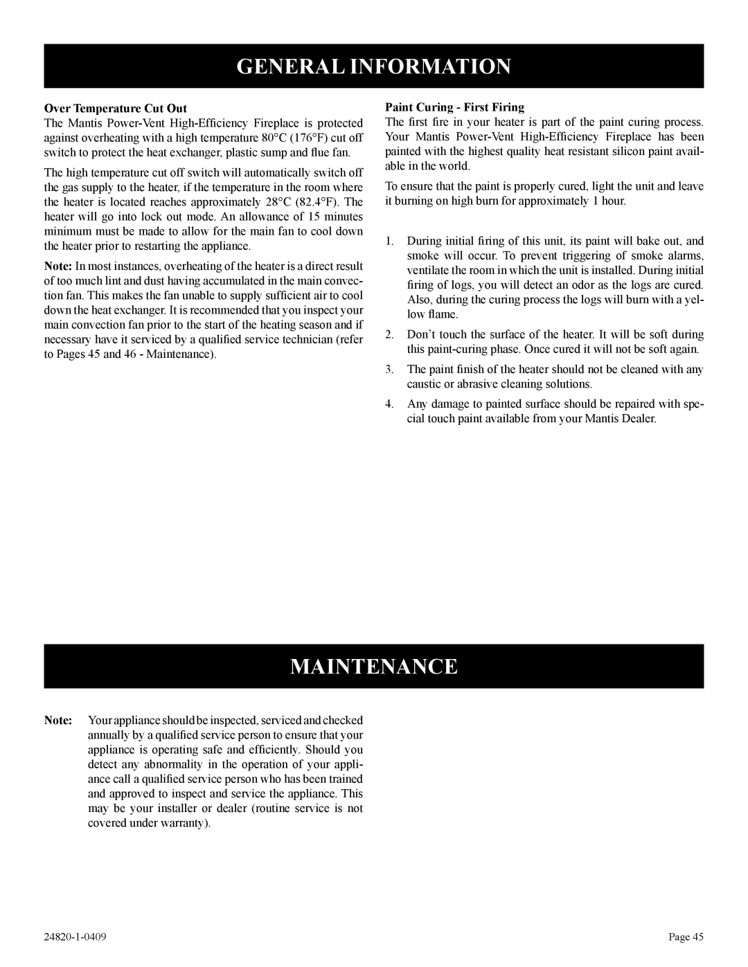 Empire Comfort Systems PV-28SV50-B(N,P)-1, PV-28SV50-B2H(N,P)-1 General Information, Maintenance, Over Temperature Cut Out 