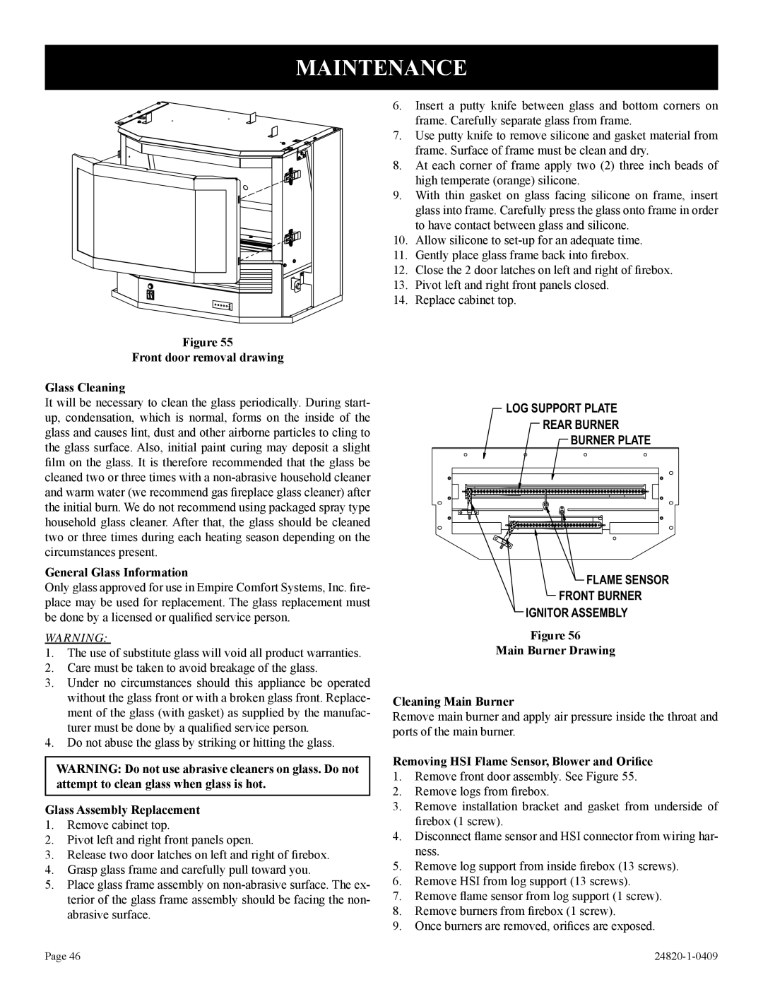 Empire Comfort Systems PV-28SV55-(C,G)2H(N,P)-1 Front door removal drawing Glass Cleaning, General Glass Information 