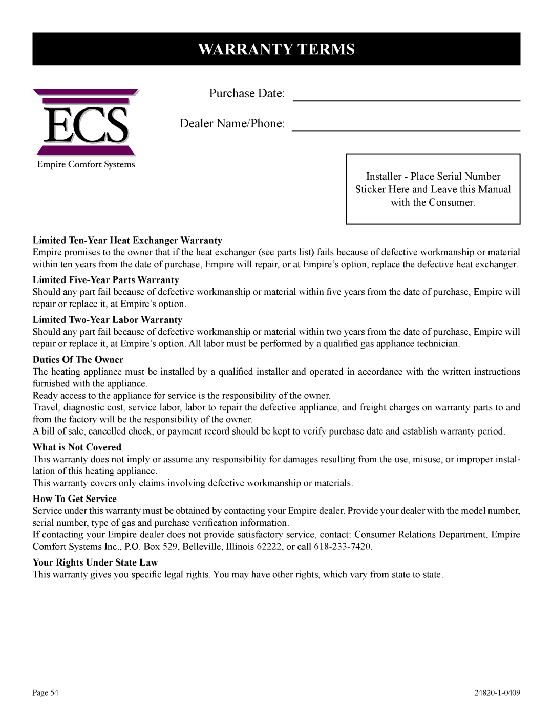 Empire Comfort Systems PV-28SV55-(C,G)2H(N,P)-1, PV-28SV50-B2H(N,P)-1 Warranty Terms, Purchase Date Dealer Name/Phone 