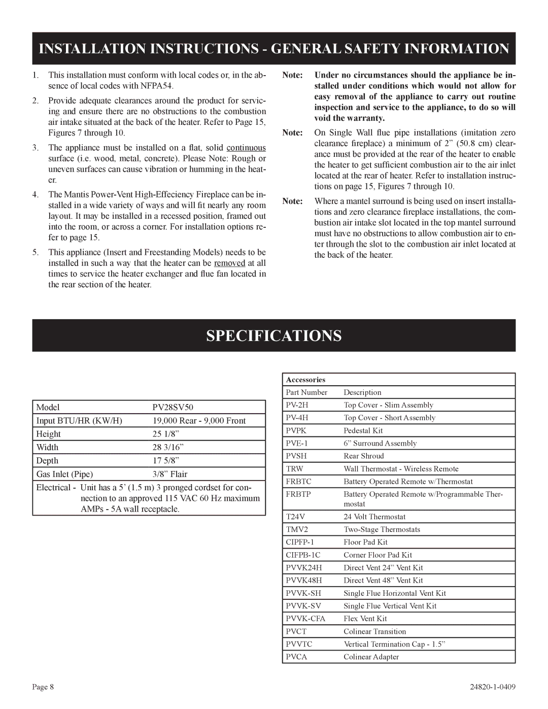 Empire Comfort Systems PV-28SV50-B2H(N,P)-1 Specifications, Installation Instructions General Safety Information 