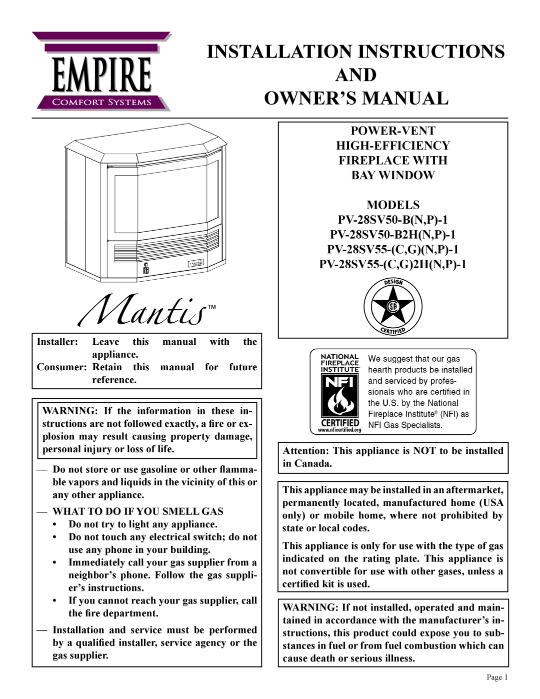 Empire Comfort Systems PV-28SV50-B(N,P)-1 installation instructions Power-Vent High-Efficiency Fireplace With, Empire 
