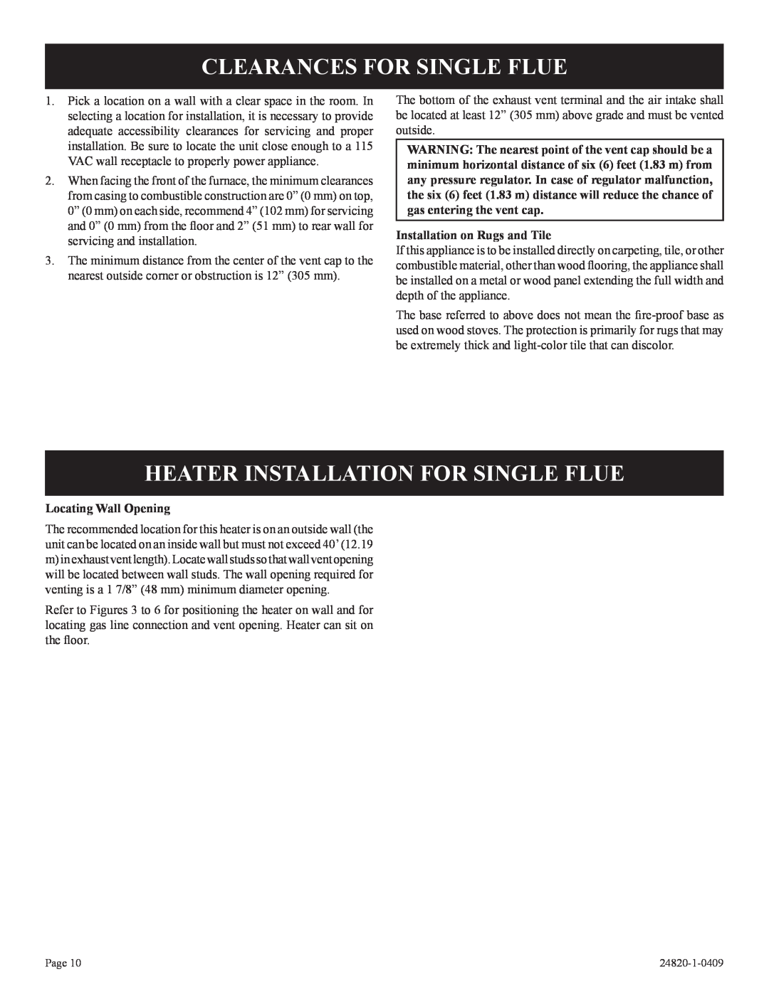 Empire Comfort Systems PV-28SV55-(C,G)2H(N,P)-1 Clearances For Single Flue, Heater Installation For Single Flue 