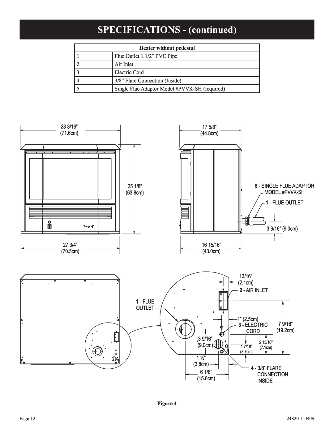 Empire Comfort Systems PV-28SV50-B2H(N,P)-1 SPECIFICATIONS - continued, Heater without pedestal, Page, 24820-1-0409 