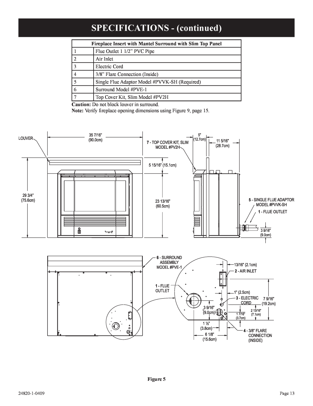 Empire Comfort Systems PV-28SV50-B(N,P)-1 SPECIFICATIONS - continued, 1Flue Outlet 1 1/2” PVC Pipe 2Air Inlet, Page 