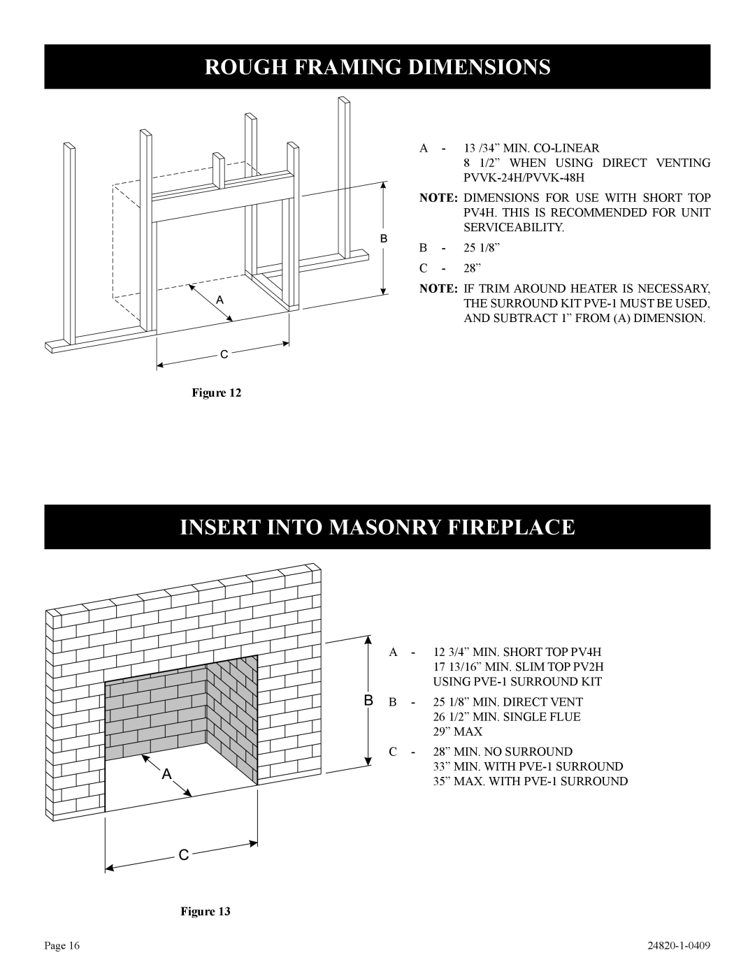 Empire Comfort Systems PV-28SV50-B2H(N,P)-1, PV-28SV50-B(N,P)-1 Rough Framing Dimensions, Insert Into Masonry Fireplace 