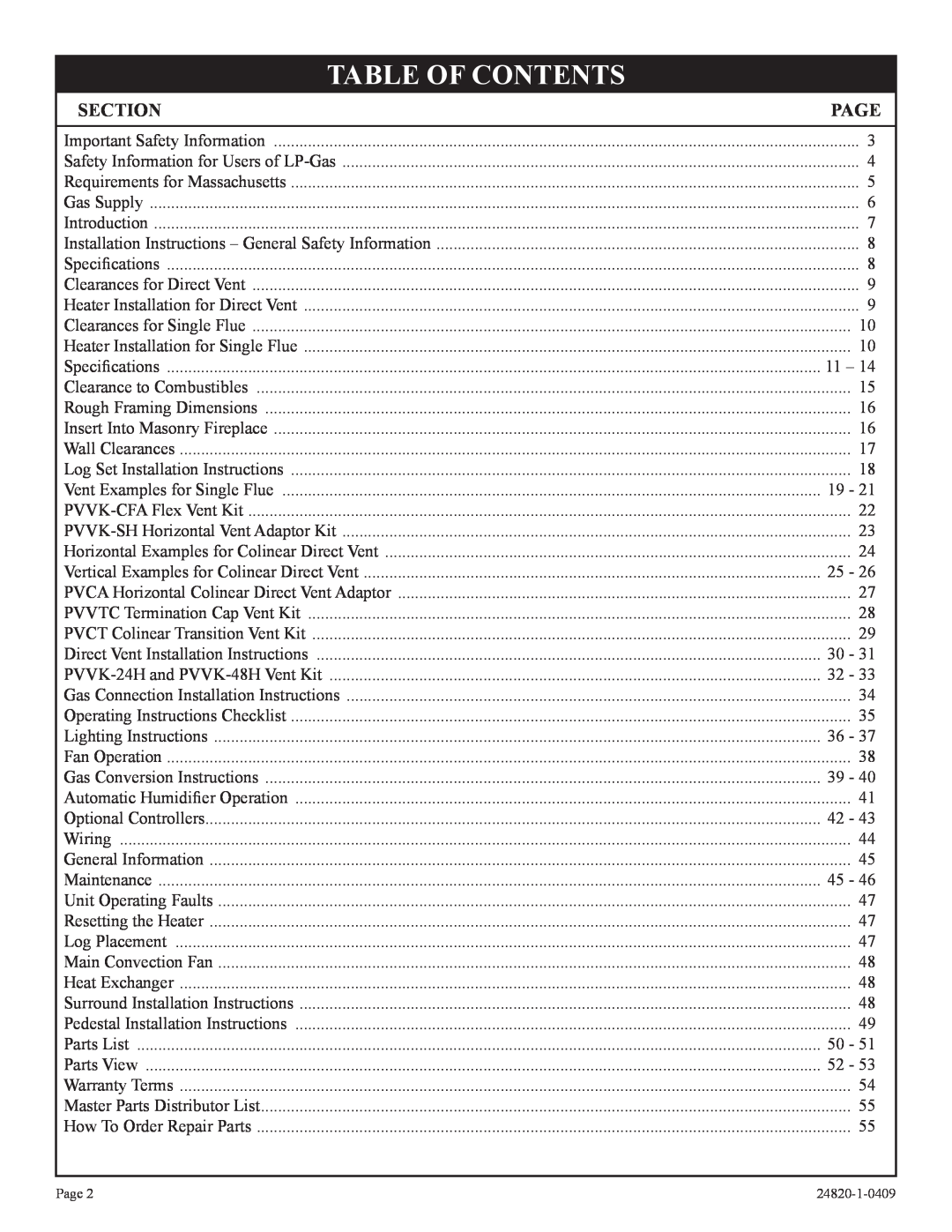 Empire Comfort Systems PV-28SV55-(C,G)2H(N,P)-1, PV-28SV50-B2H(N,P)-1, PV-28SV50-B(N,P)-1 Table Of Contents, Section, Page 