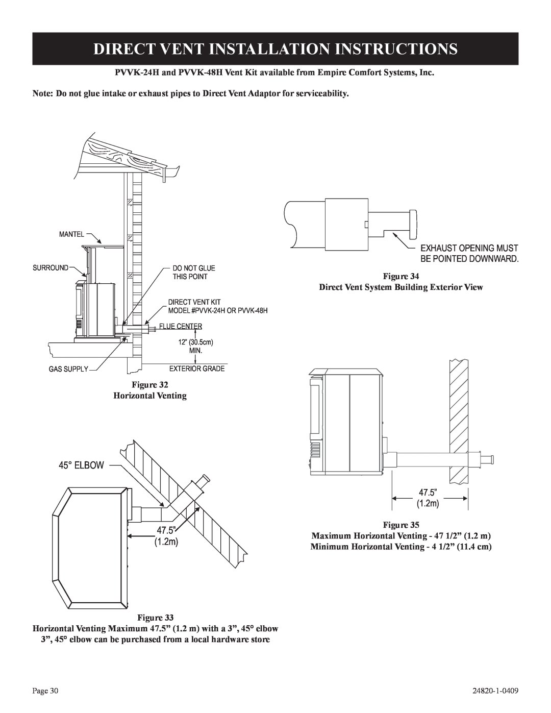 Empire Comfort Systems PV-28SV55-(C,G)2H(N,P)-1, PV-28SV50-B(N,P)-1 Direct Vent Installation Instructions, ELBOW 47.5”1.2m 