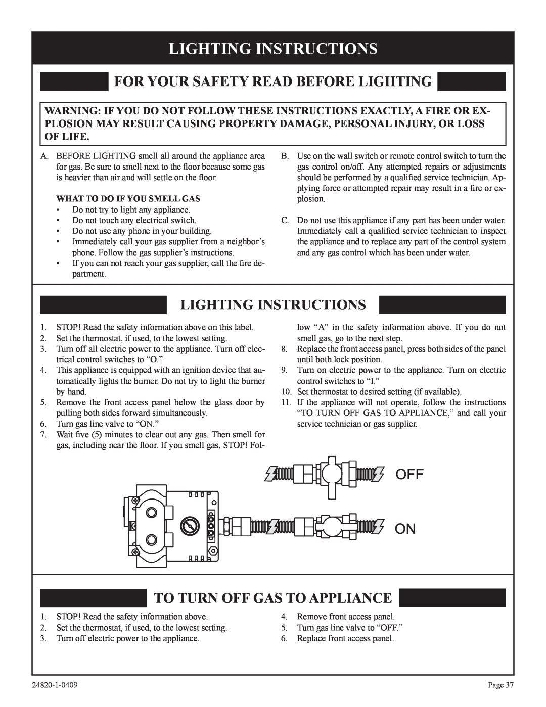 Empire Comfort Systems PV-28SV50-B(N,P)-1 Lighting Instructions, For Your Safety Read Before Lighting, Off On 