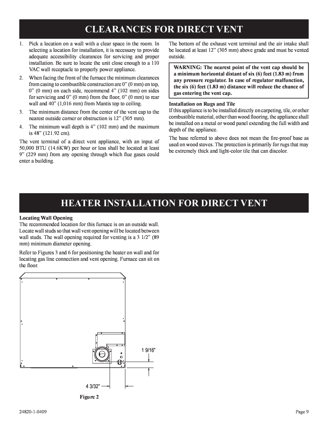 Empire Comfort Systems PV-28SV50-B(N,P)-1 Clearances For Direct Vent, Heater Installation For Direct Vent 