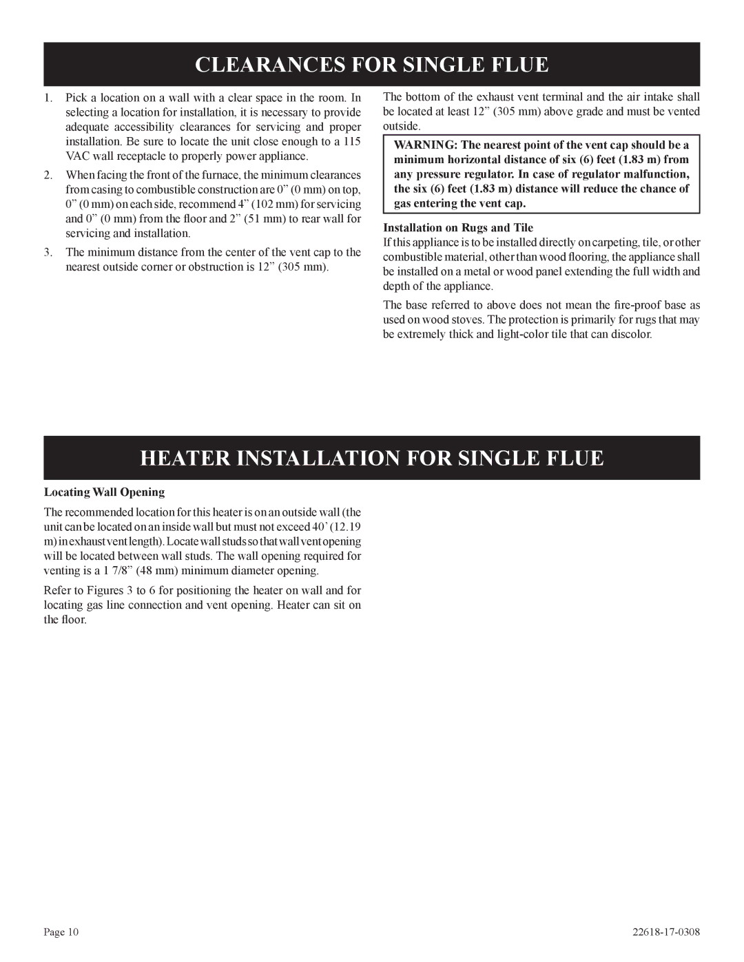 Empire Comfort Systems BP)-1, PV-28SV50-BN, PV-28SV55-CN, GN Clearances for Single Flue, Heater Installation for Single Flue 