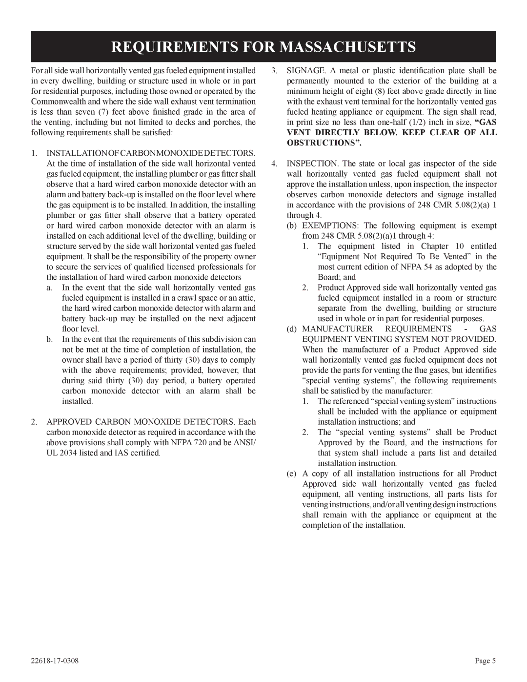 Empire Comfort Systems CP, GN, GP)-1 Requirements for Massachusetts, Vent Directly BELOW. Keep Clear of ALL Obstructions 