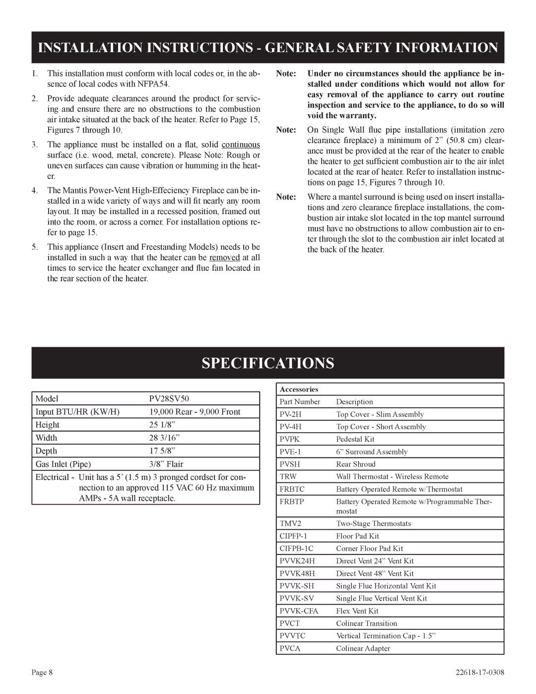 Empire Comfort Systems GN, PV-28SV50-BN, PV-28SV55-CN Specifications, Installation Instructions General Safety Information 