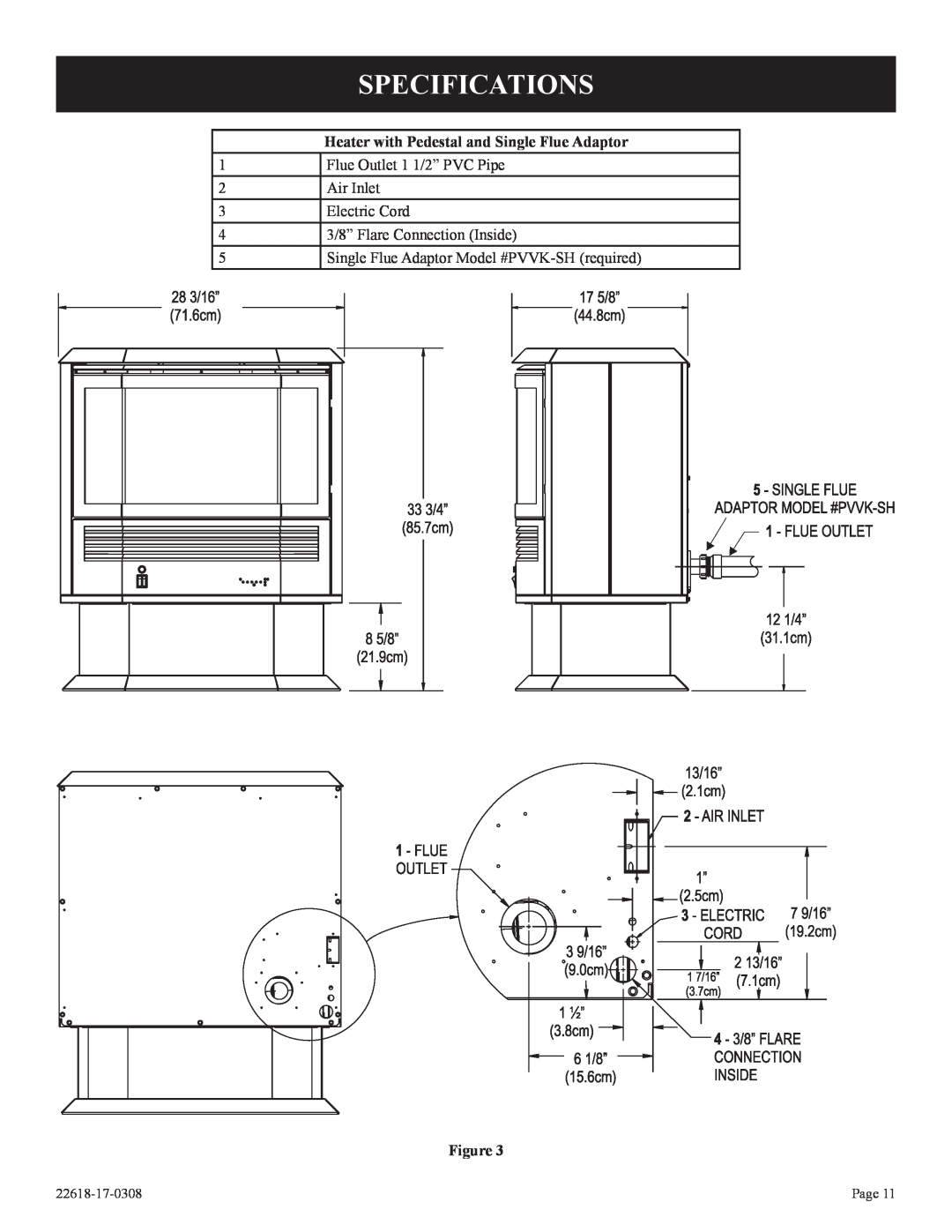 Empire Comfort Systems CP, PV-28SV50-BN Specifications, Heater with Pedestal and Single Flue Adaptor, 22618-17-0308, Page 