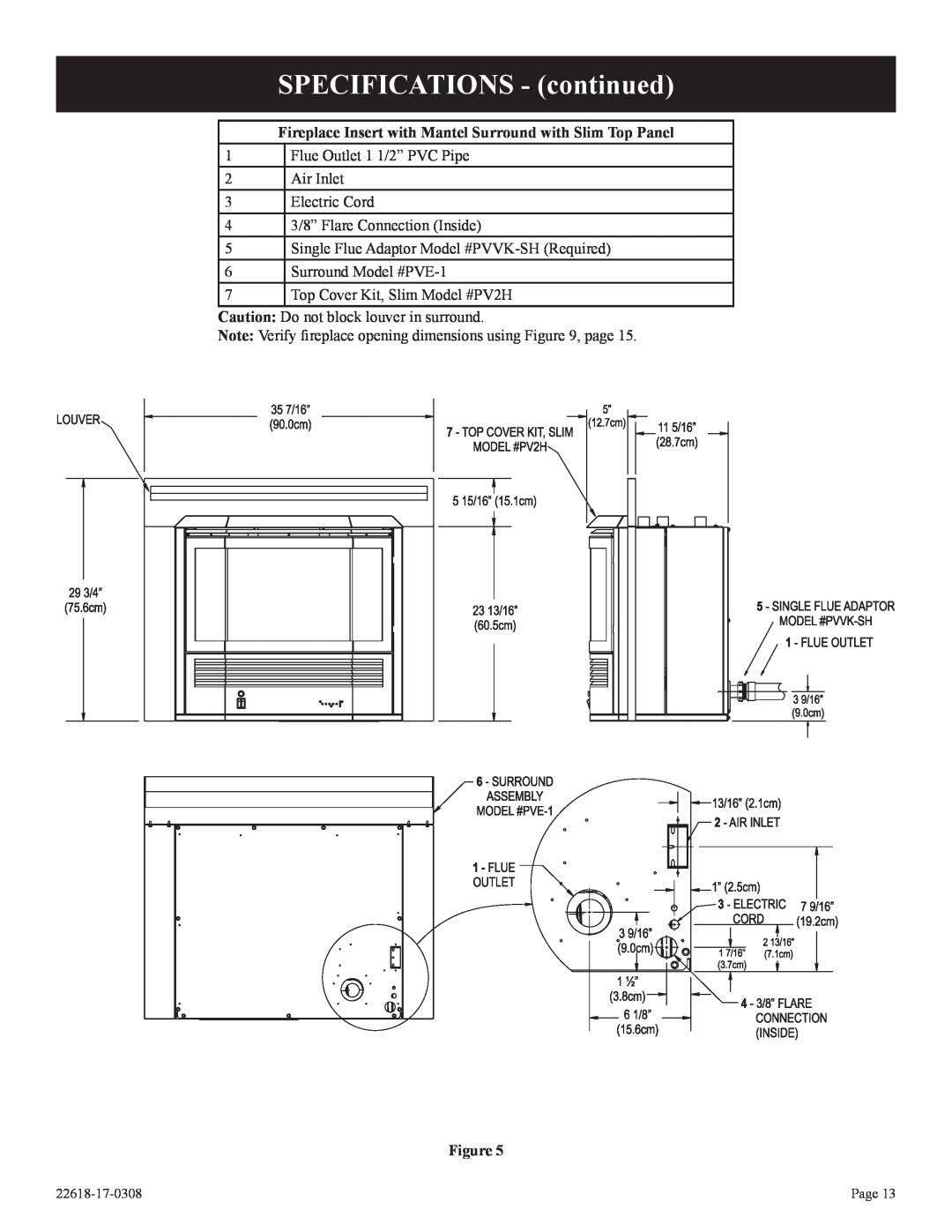 Empire Comfort Systems PV-28SV55-CN, GN SPECIFICATIONS - continued, 1Flue Outlet 1 1/2” PVC Pipe 2Air Inlet, 22618-17-0308 