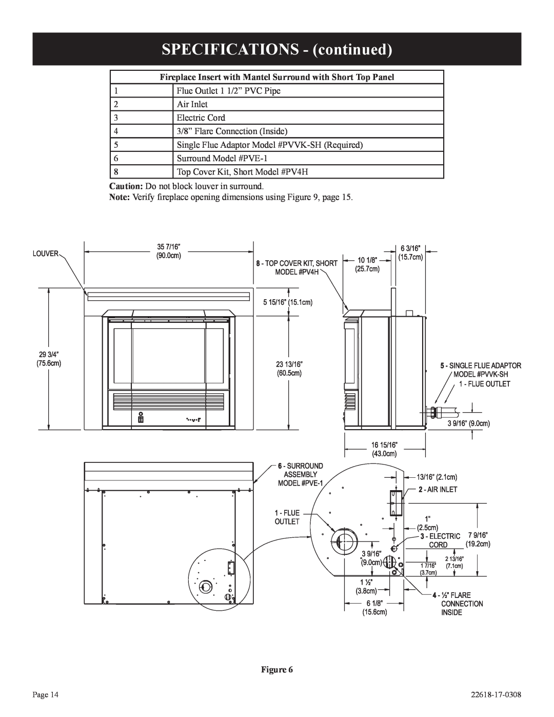 Empire Comfort Systems GN, CP SPECIFICATIONS - continued, 1Flue Outlet 1 1/2” PVC Pipe 2Air Inlet, 6Surround Model #PVE-1 
