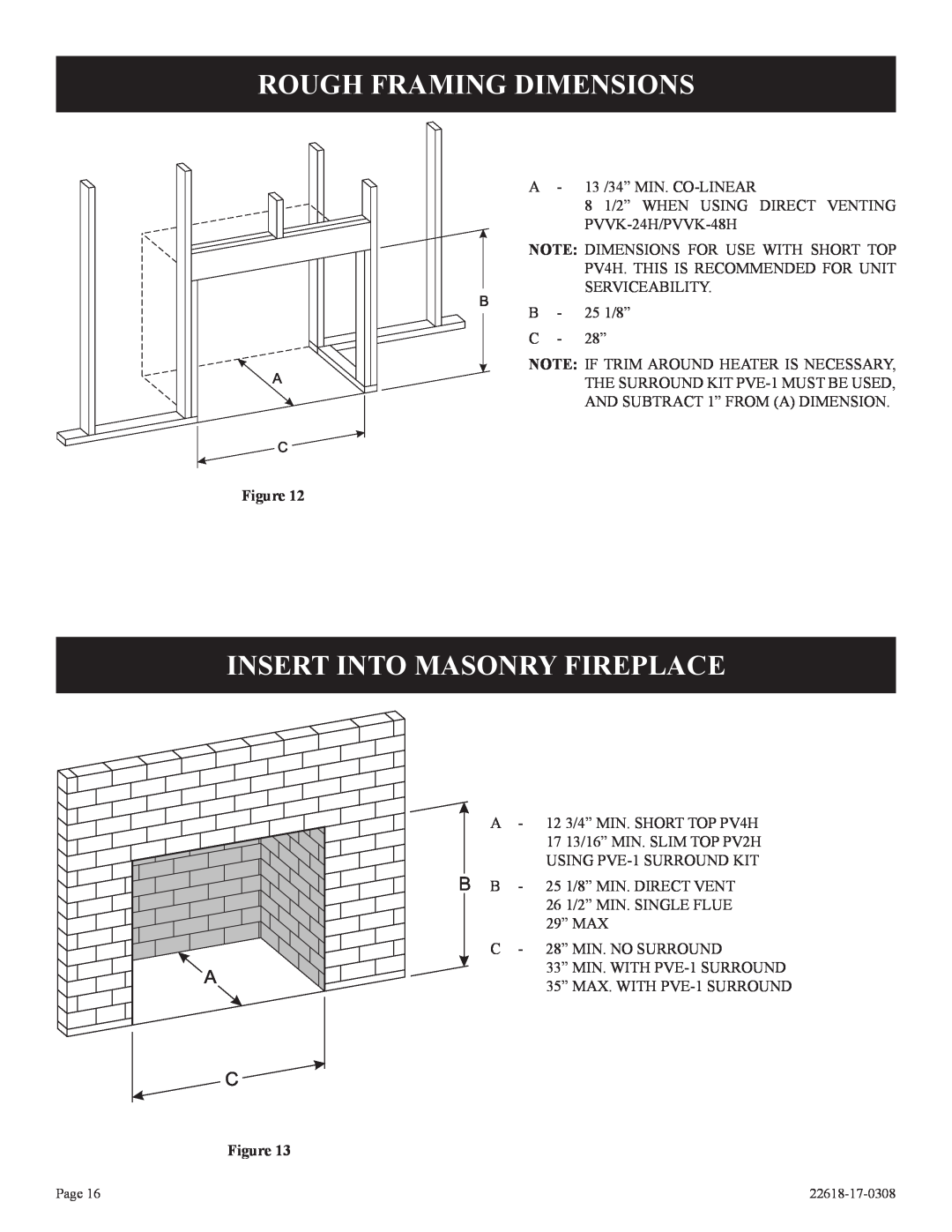 Empire Comfort Systems BP)-1, PV-28SV50-BN, PV-28SV55-CN, GN, GP)-1 Rough Framing Dimensions, Insert Into Masonry Fireplace 