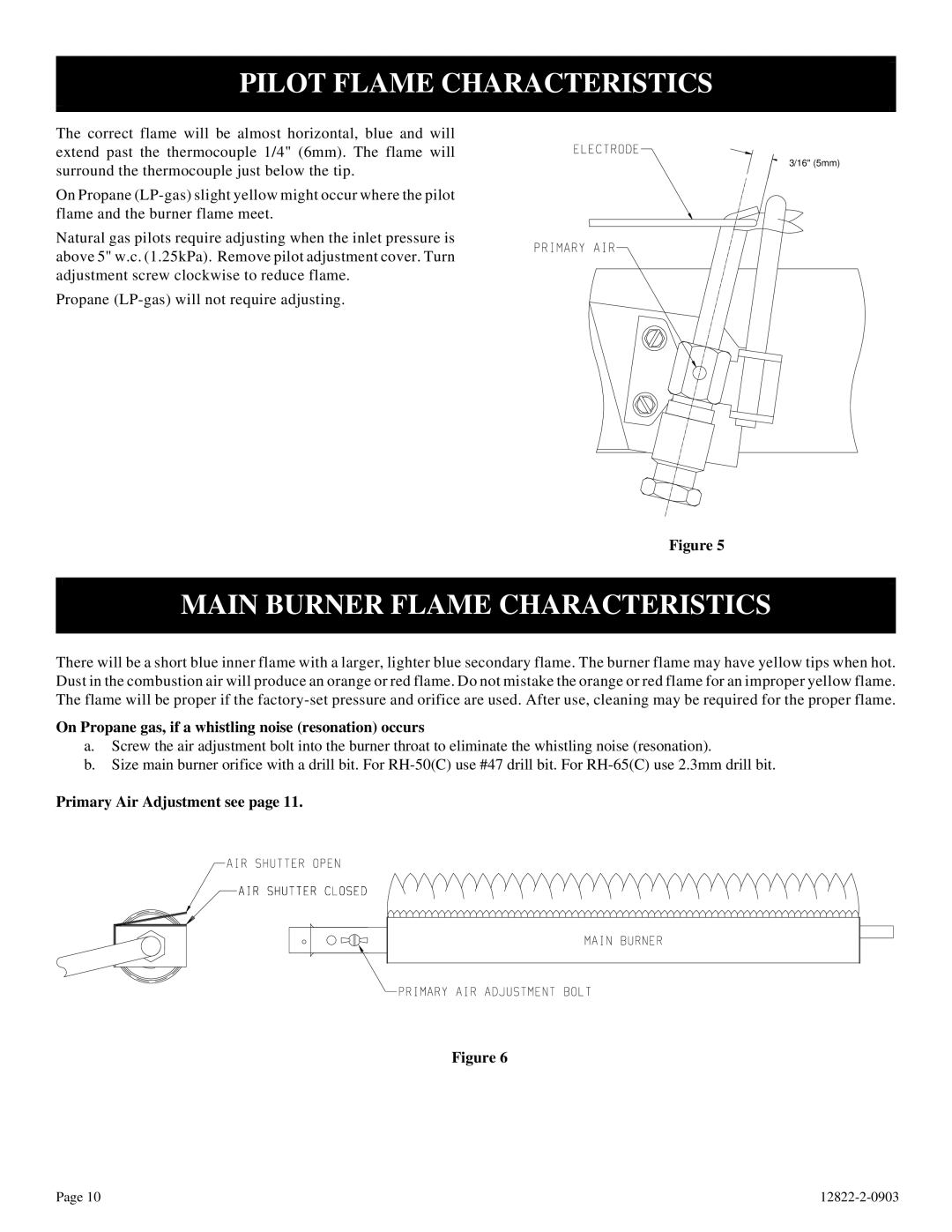 Empire Comfort Systems RH-50C-1 Pilot Flame Characteristics, Main Burner Flame Characteristics, Primary Air Adjustment see 