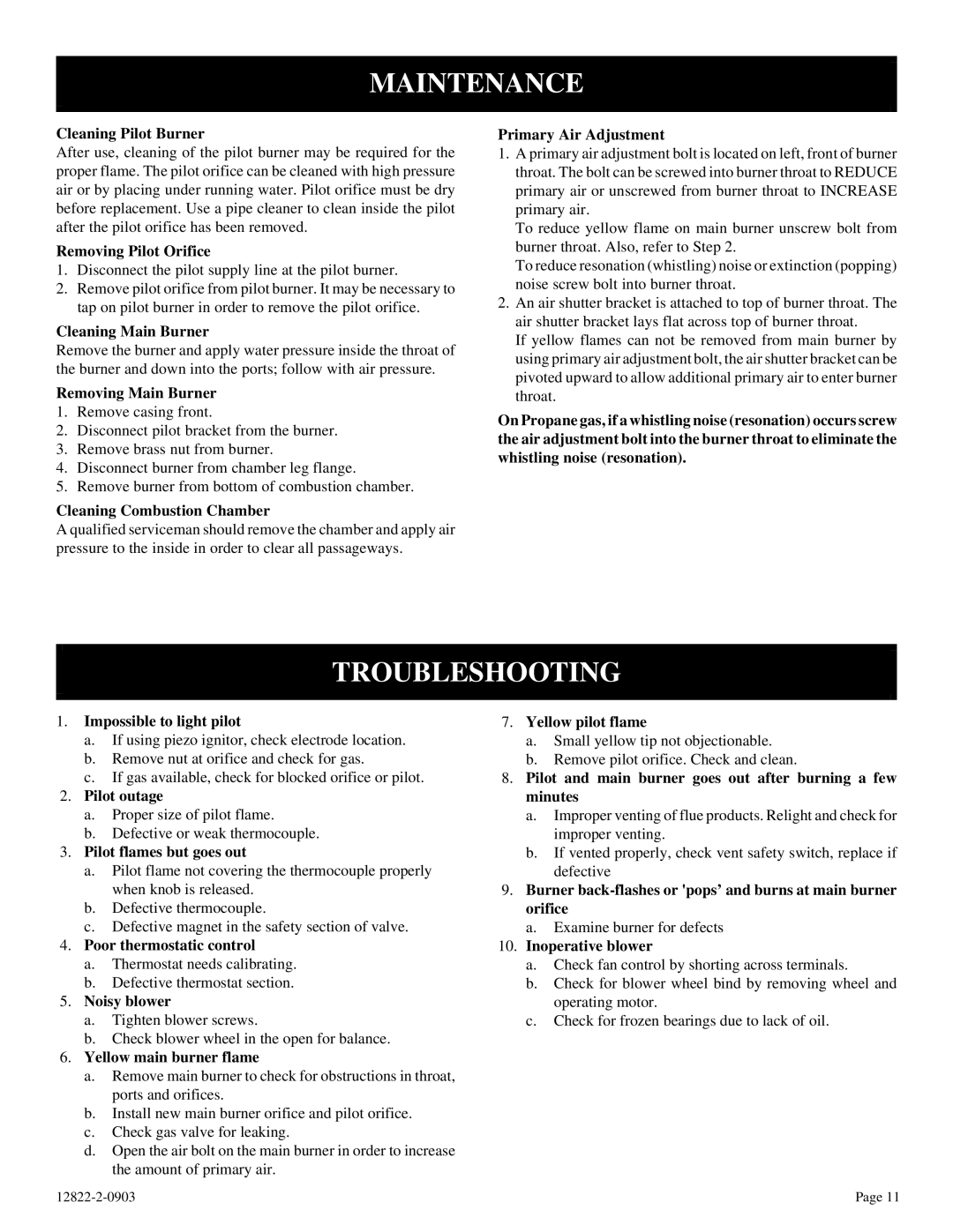 Empire Comfort Systems RH-65C-1, RH-50-6, RH-65-6, RH-50C-1 installation instructions Maintenance, Troubleshooting 