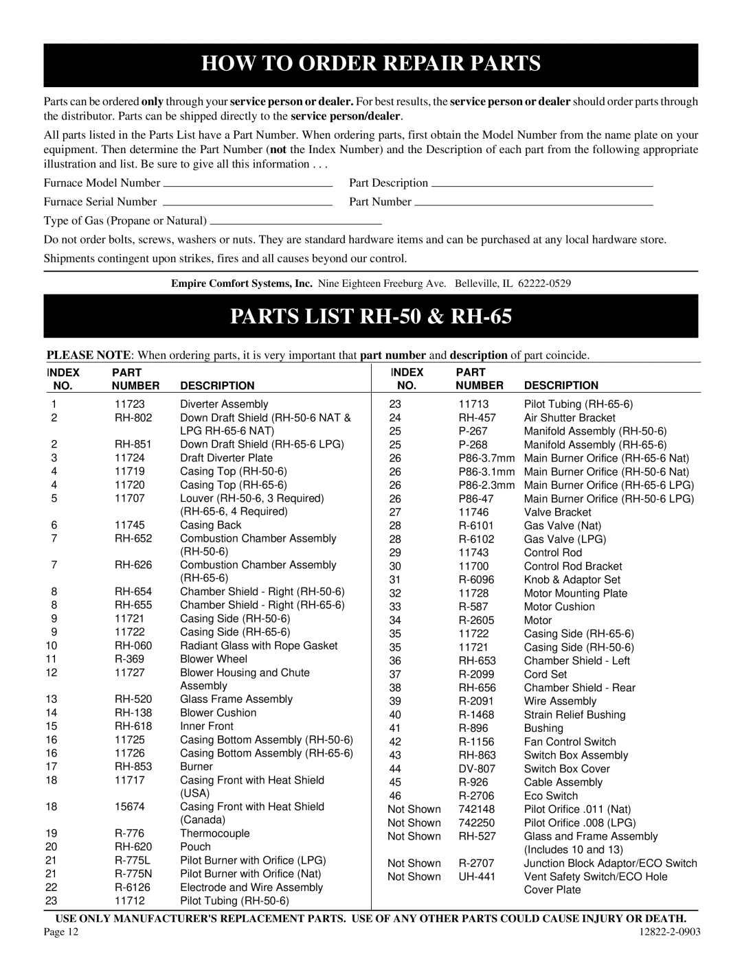 Empire Comfort Systems RH-50-6, RH-65-6, RH-50C-1, RH-65C-1 HOW to Order Repair Parts, Parts List RH-50 & RH-65 