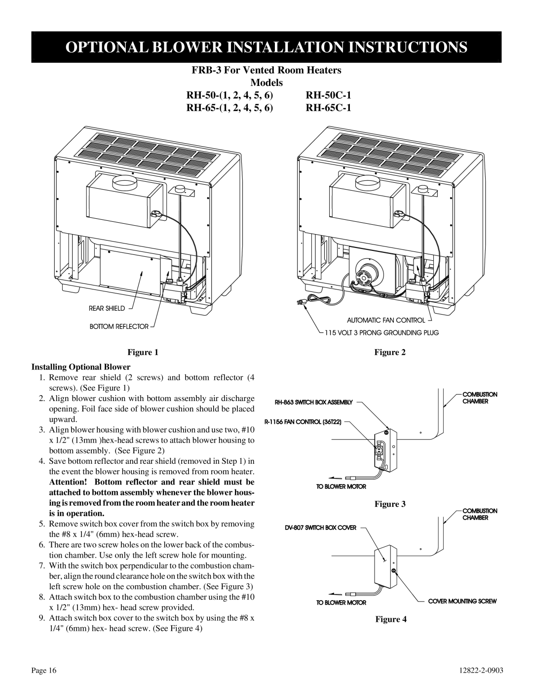 Empire Comfort Systems RH-50-6, RH-65-6, RH-50C-1 Optional Blower Installation Instructions, Installing Optional Blower 