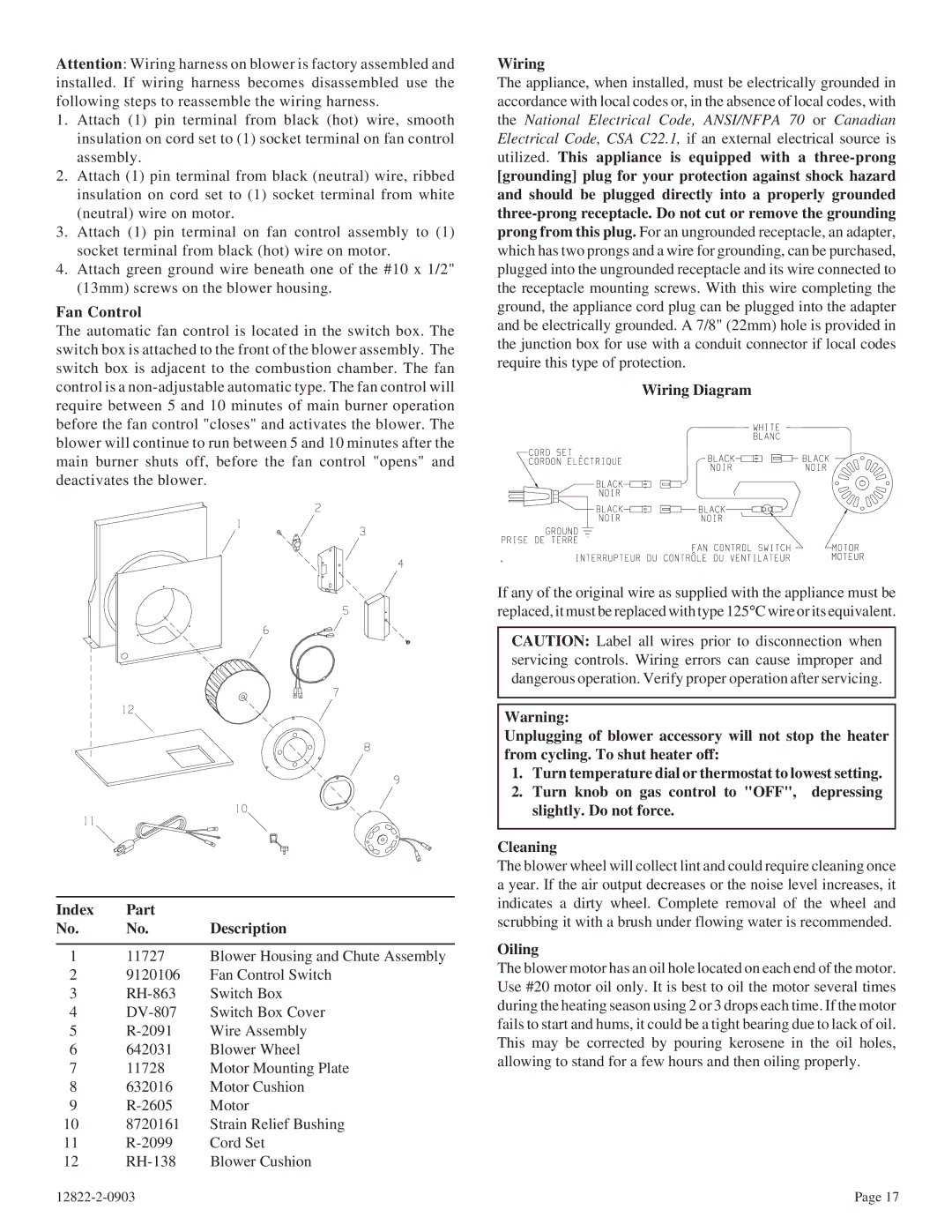 Empire Comfort Systems RH-65-6, RH-50-6, RH-50C-1 Fan Control, Index Part No. No. Description, Wiring Diagram, Oiling 