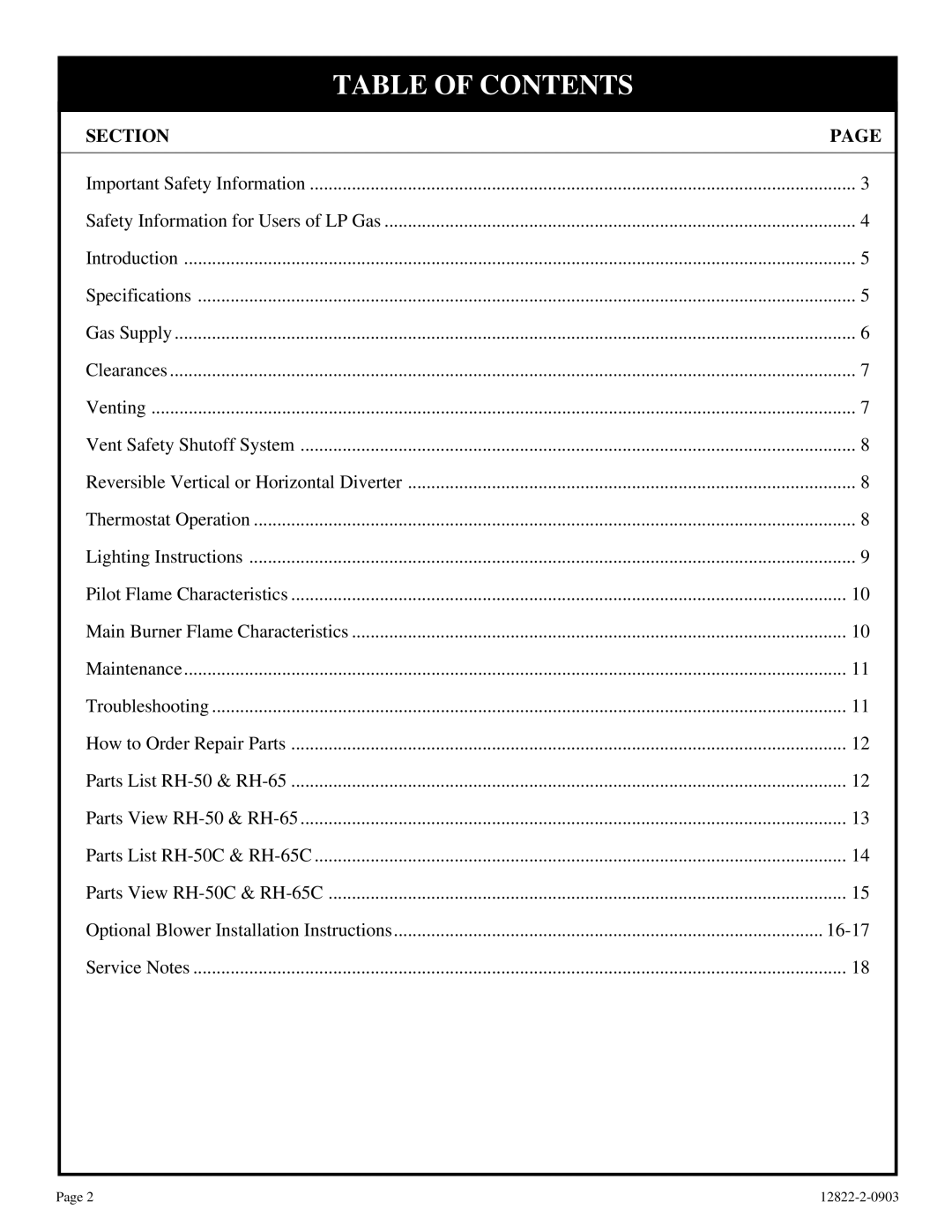 Empire Comfort Systems RH-50C-1, RH-50-6, RH-65-6, RH-65C-1 installation instructions Table of Contents 