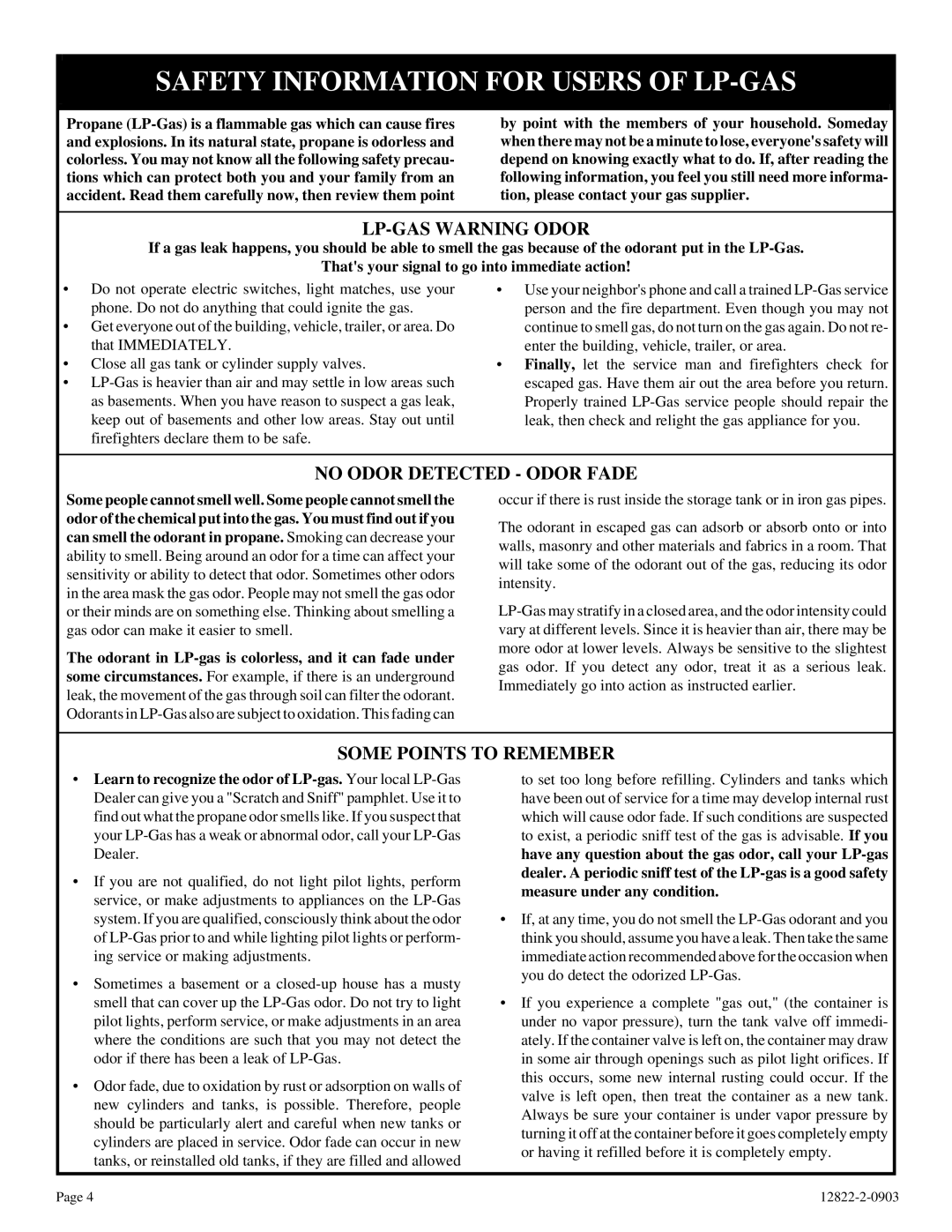 Empire Comfort Systems RH-50-6, RH-65-6, RH-50C-1, RH-65C-1 Safety Information for Users of LP-GAS, LP-GAS Warning Odor 