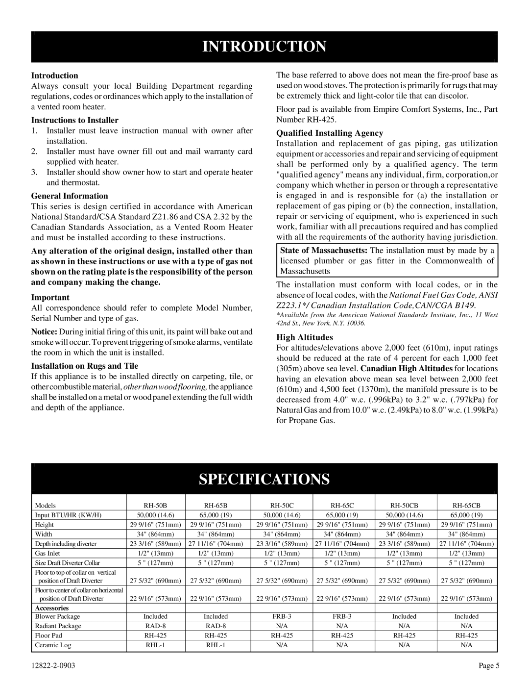 Empire Comfort Systems RH-65-6, RH-50-6, RH-50C-1, RH-65C-1 installation instructions Introduction, Specifications 