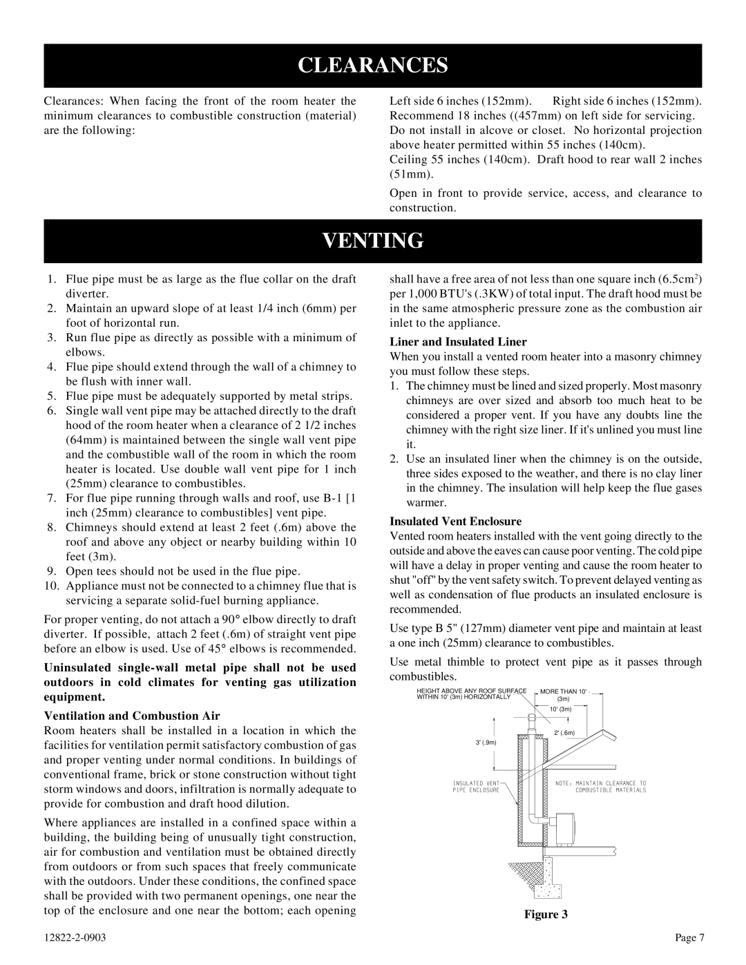 Empire Comfort Systems RH-65C-1, RH-50-6, RH-65-6 Clearances, Venting, Liner and Insulated Liner, Insulated Vent Enclosure 