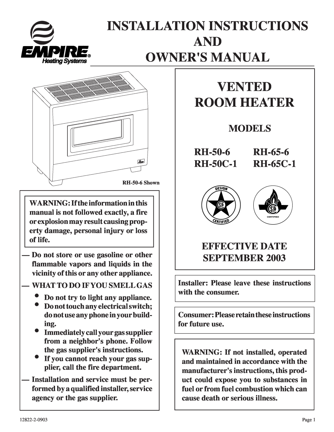 Empire Comfort Systems RH50C-1 installation instructions Vented Room Heater, MODELS RH-50-6 RH-65-6 RH-50C-1 RH-65C-1 