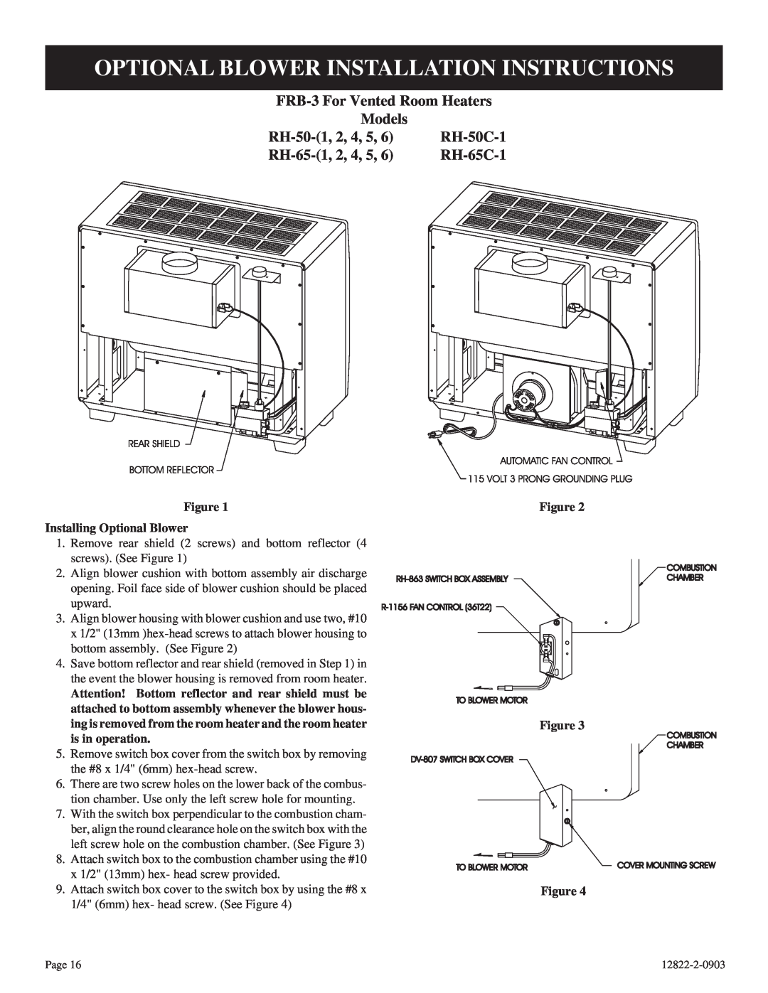 Empire Comfort Systems RH-50-6 Optional Blower Installation Instructions, FRB-3For Vented Room Heaters, Models, RH-50-1,2 