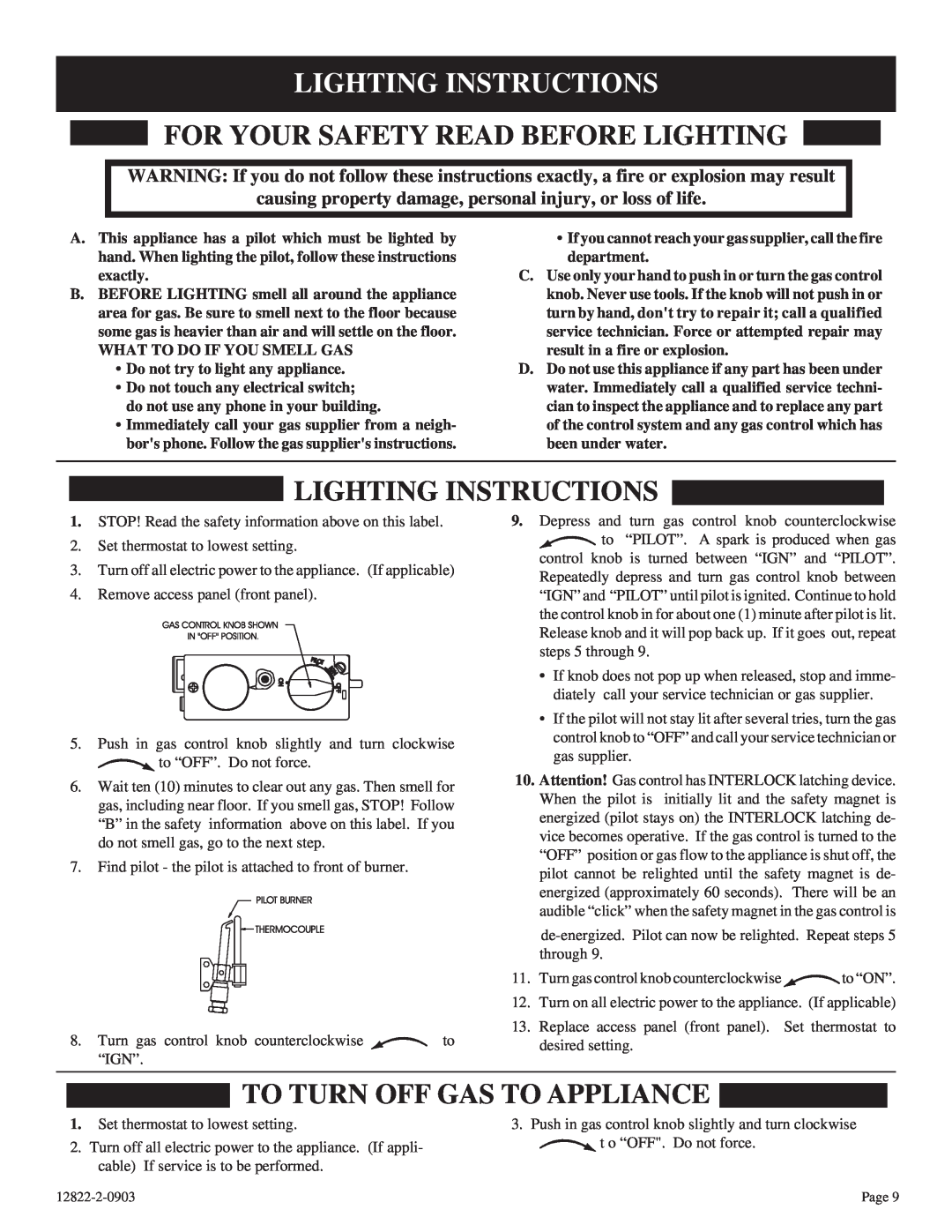 Empire Comfort Systems RH-65-6 Lighting Instructions, For Your Safety Read Before Lighting, To Turn Off Gas To Appliance 