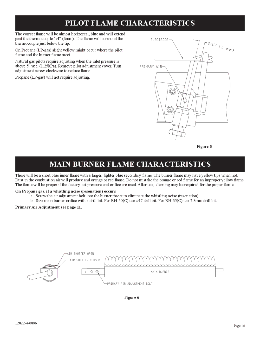 Empire Comfort Systems RH50C-1 Pilot Flame Characteristics, Main Burner Flame Characteristics, Primary Air Adjustment see 