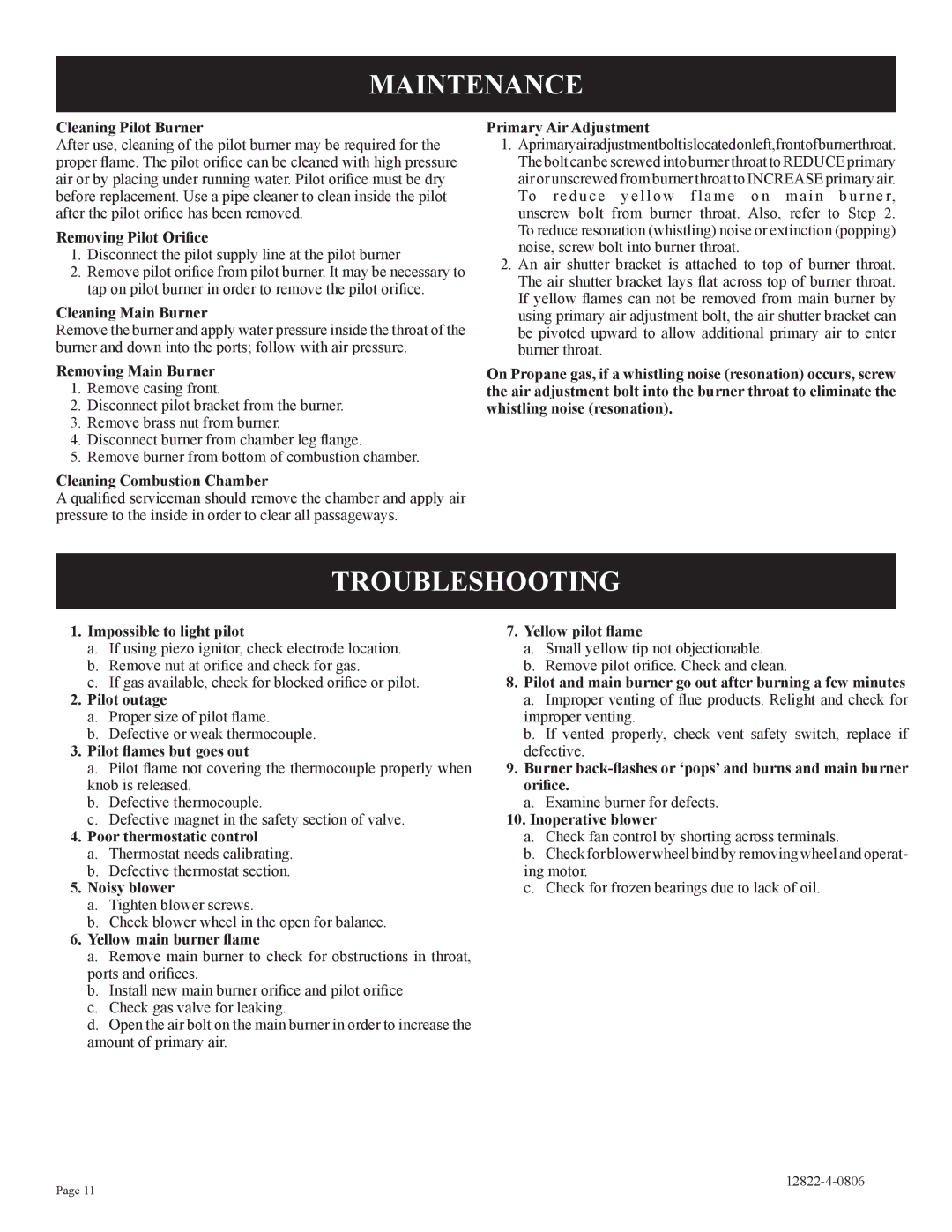 Empire Comfort Systems RH-65C-1, RH-50-6, RH-65-6, RH50C-1 installation instructions Maintenance, Troubleshooting 