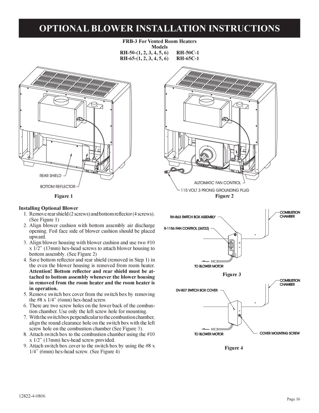 Empire Comfort Systems RH-50-6, RH-65-6, RH50C-1, RH-65C-1 installation instructions Optional Blower Installation Instructions 