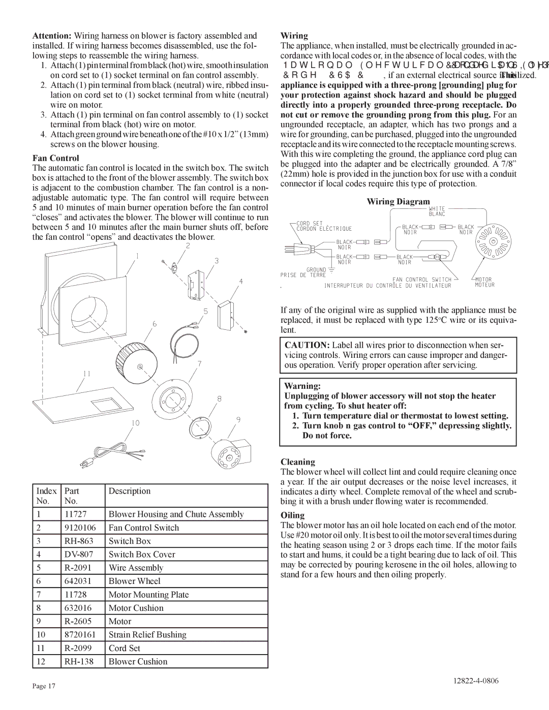 Empire Comfort Systems RH-65-6, RH-50-6, RH50C-1, RH-65C-1 installation instructions Fan Control, Wiring Diagram, Oiling 