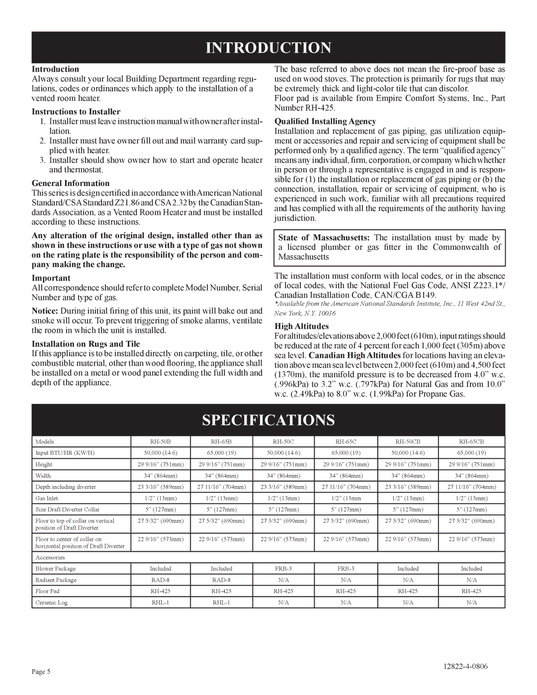 Empire Comfort Systems RH-65-6, RH-50-6, RH50C-1, RH-65C-1 installation instructions Introduction, Specifications 