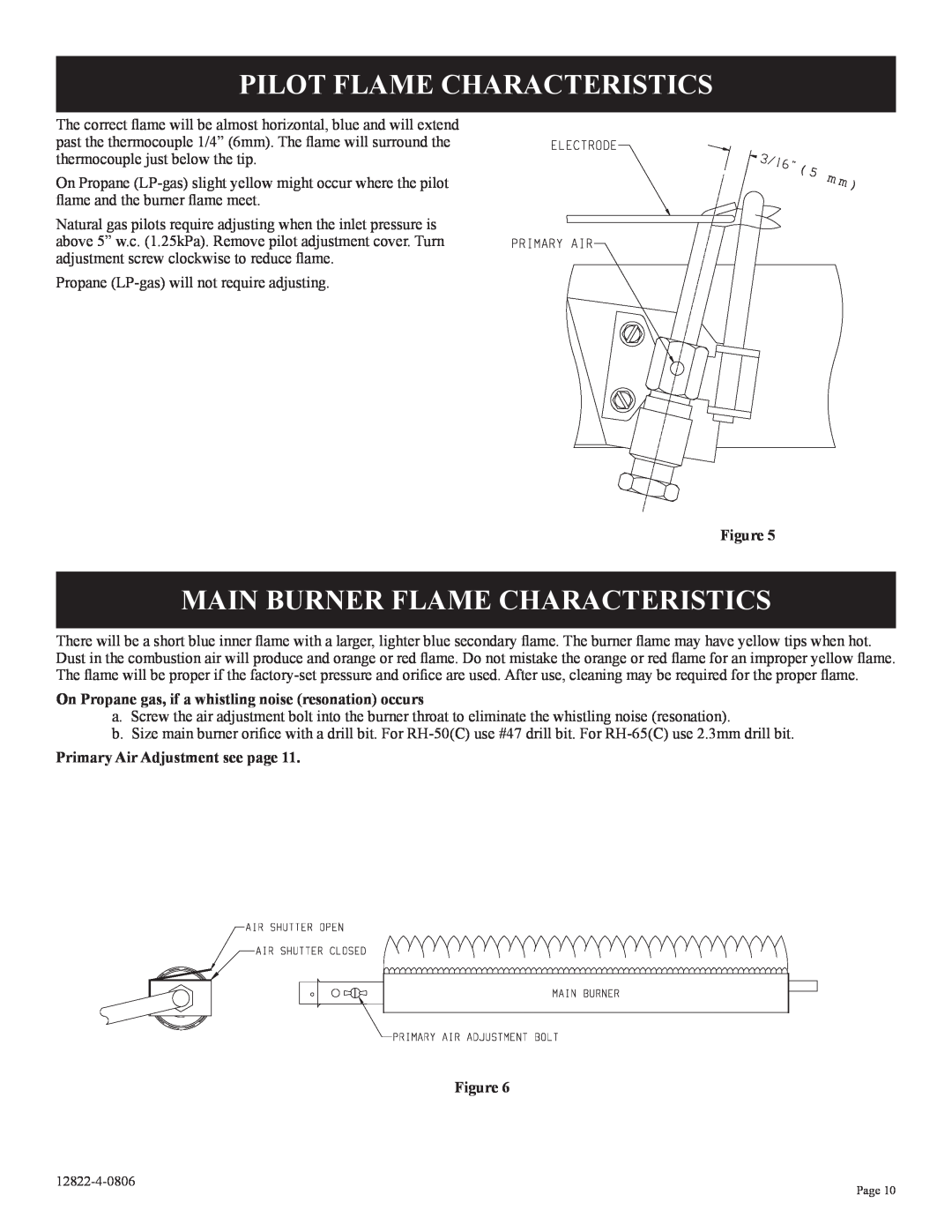Empire Comfort Systems RH50C-1, RH-50-6, RH-65-6, RH-65C-1 Pilot Flame Characteristics, Main Burner Flame Characteristics 