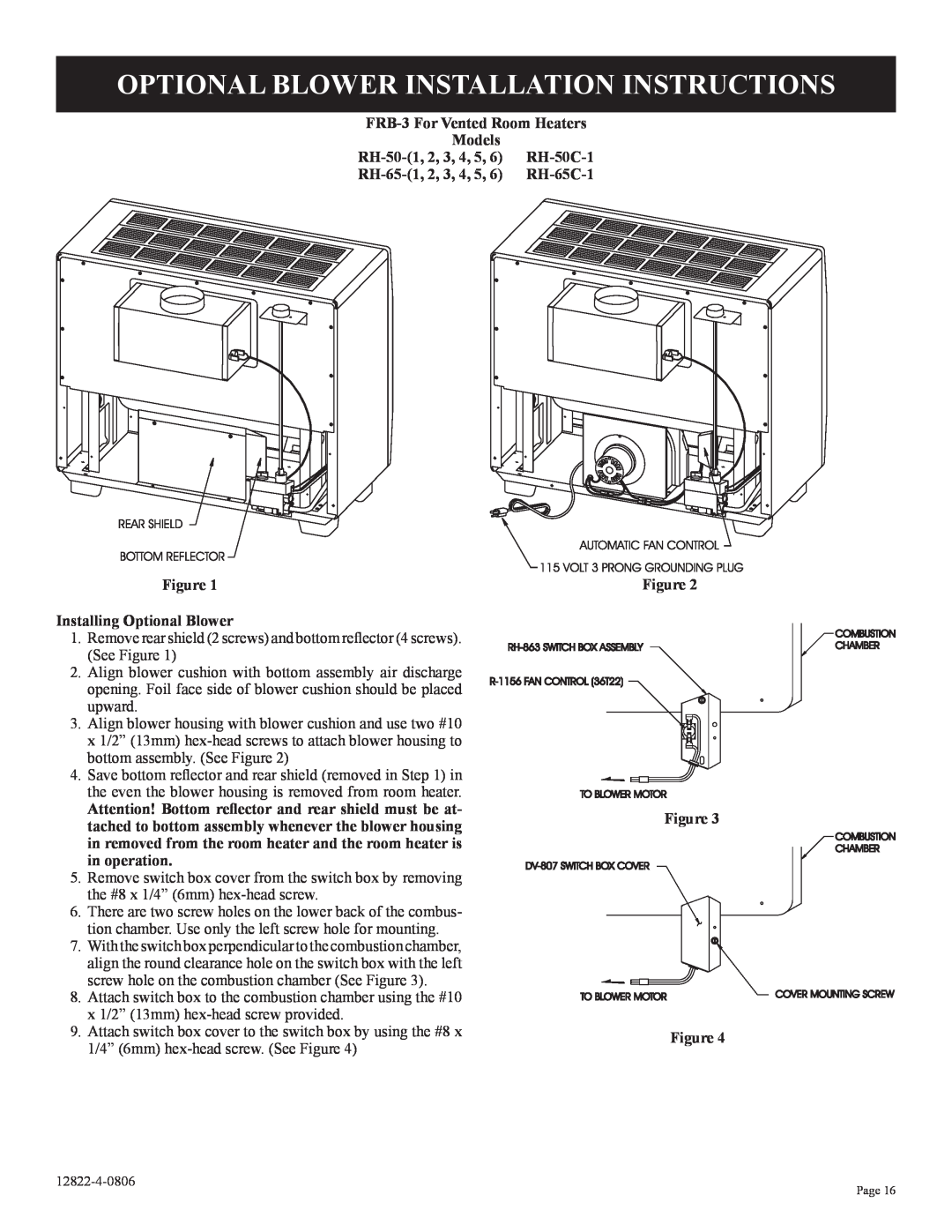 Empire Comfort Systems RH-50-6 Optional Blower Installation Instructions, FRB-3 For Vented Room Heaters, Models, RH-50C-1 