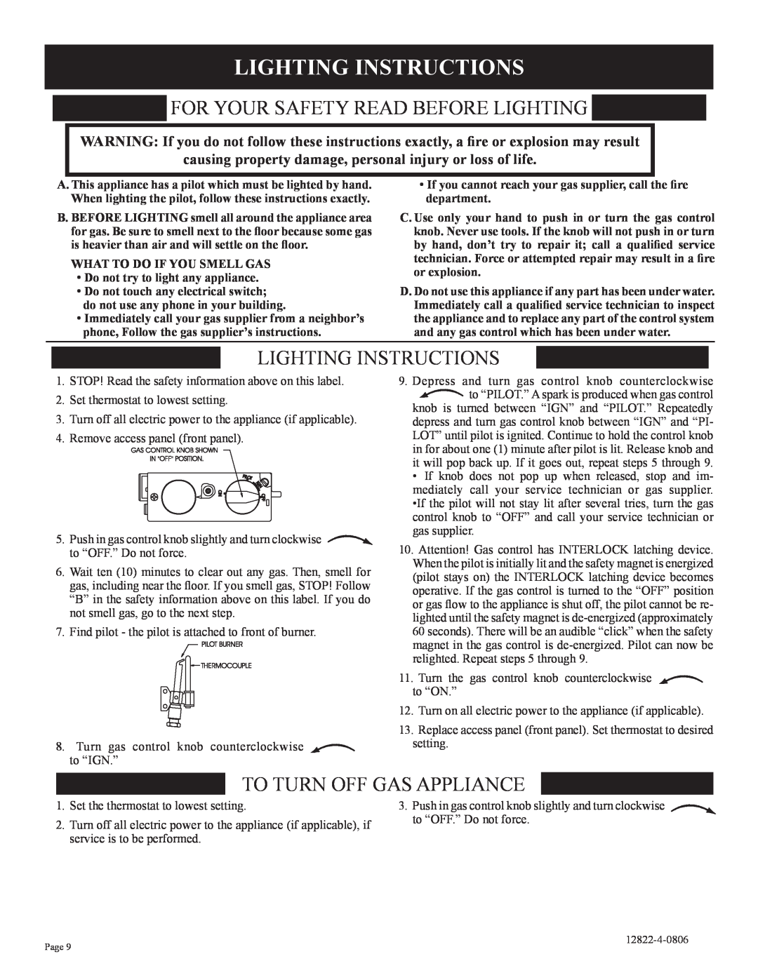 Empire Comfort Systems RH-65-6 Lighting Instructions, For Your Safety Read Before Lighting, To Turn Off Gas Appliance 