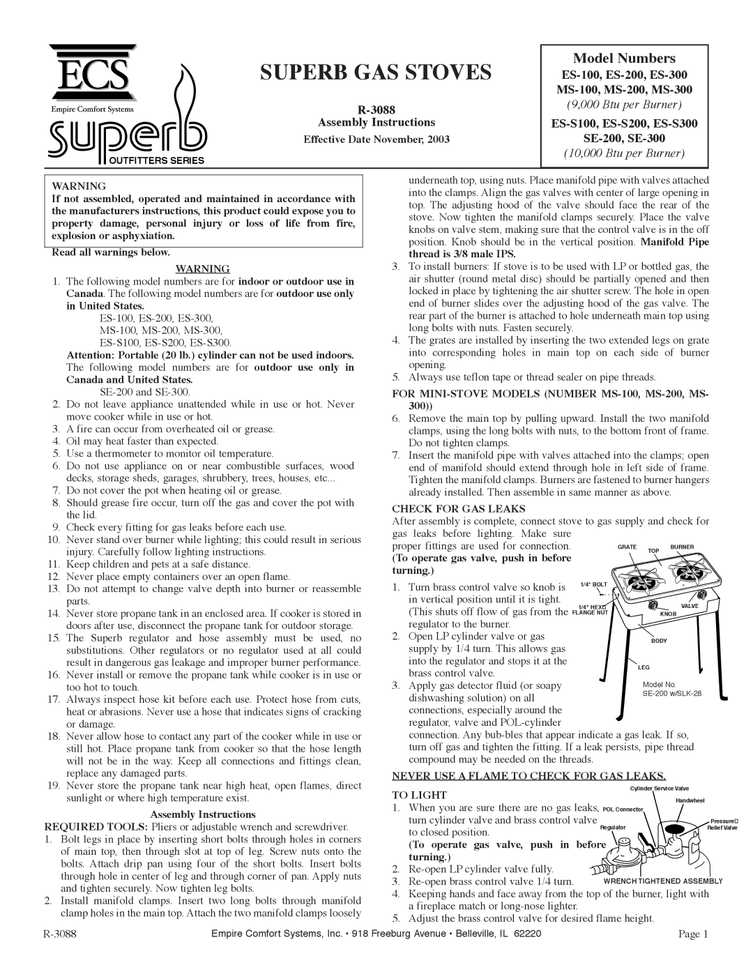 Empire Comfort Systems SE-300 manual For MINI-STOVE Models Number MS-100, MS-200, MS, Check for GAS Leaks, To Light 