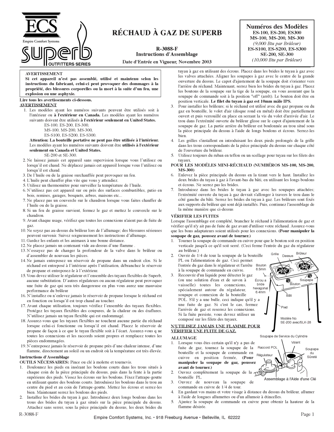 Empire Comfort Systems ES-300 ES-100, ES-200, ES300 MS-100, MS-200, MS-300, ES-S100, ES-S200, ES-S300 SE-200, SE-300 